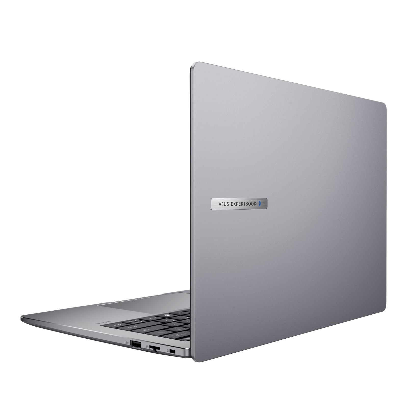 Srebrny laptop ASUS Expertbook jest otwarty. Ekran jest odchylony do tyłu, odsłaniając klawiaturę i porty.