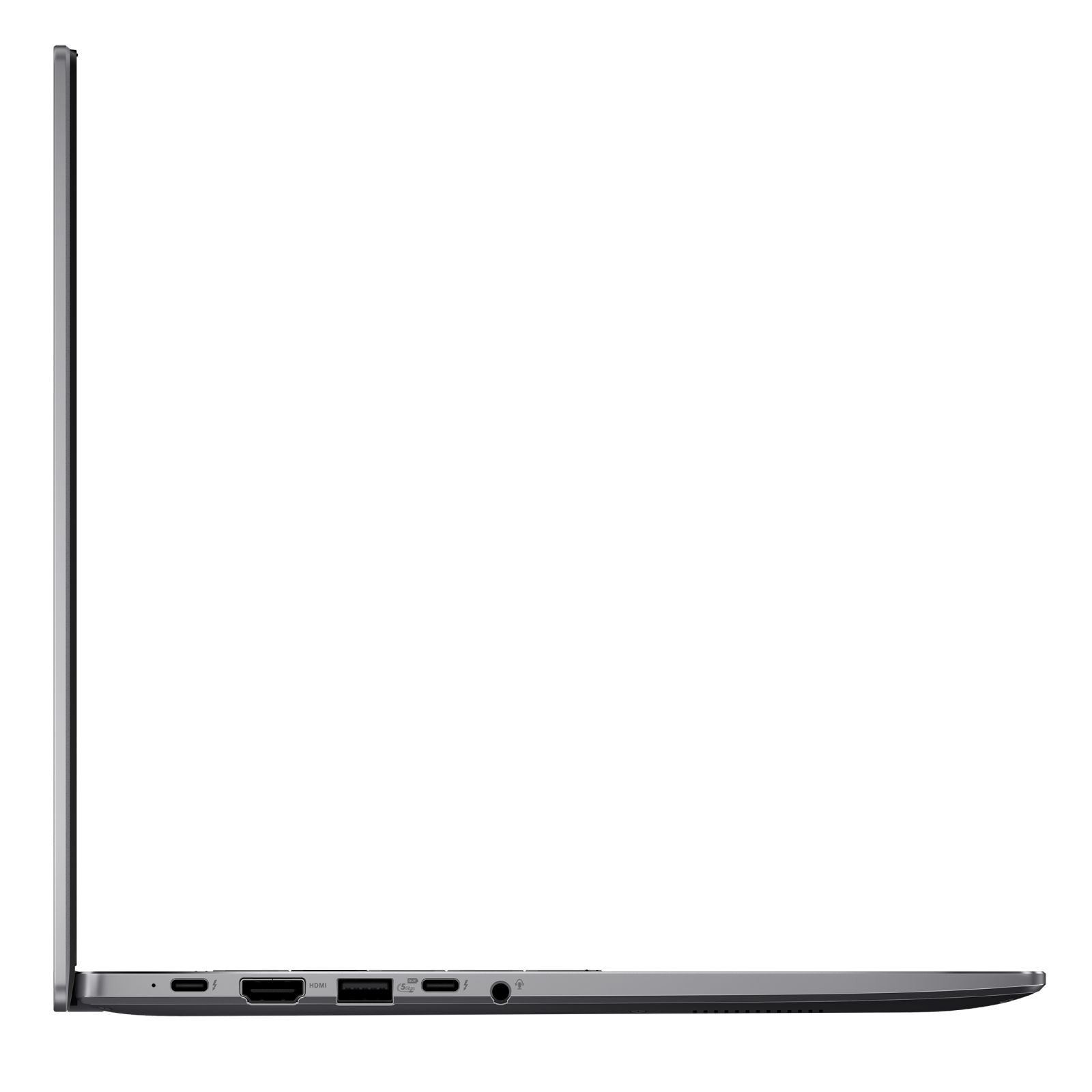 Widok z boku laptopa z portami takimi jak HDMI, USB-C i gniazdo audio. Jest szary i ma białe tło.