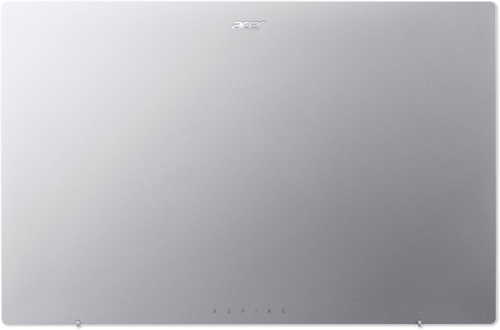 Silberner Laptopdeckel mit 'acer'-Logo oben, 'ASPIRE' unten. Einfaches, schlichtes Design.
