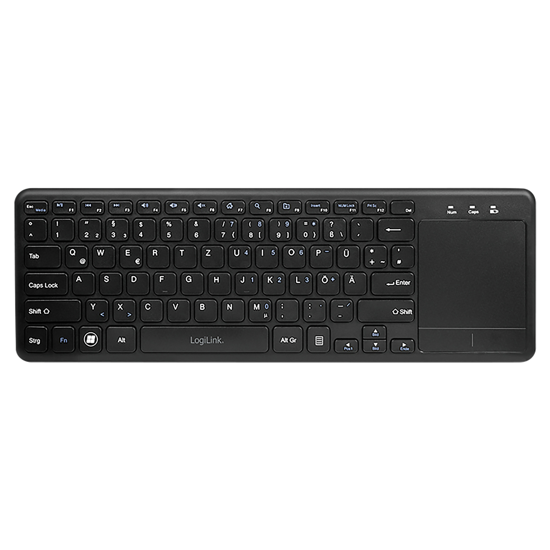 Czarna klawiatura LogiLink z wbudowanym gładzikiem. Posiada standardowe klawisze i klawisze funkcyjne u góry.