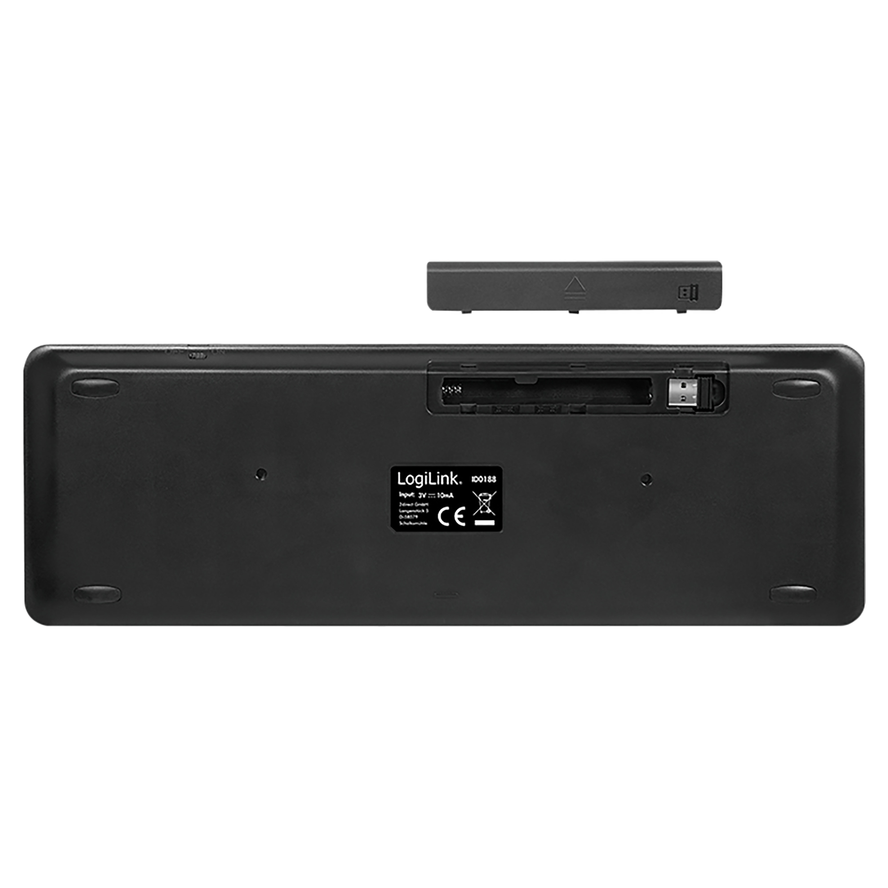 Pokazano spód czarnej klawiatury. Pokrywa baterii jest nad nią. Widoczna etykieta LogiLink i port USB.
