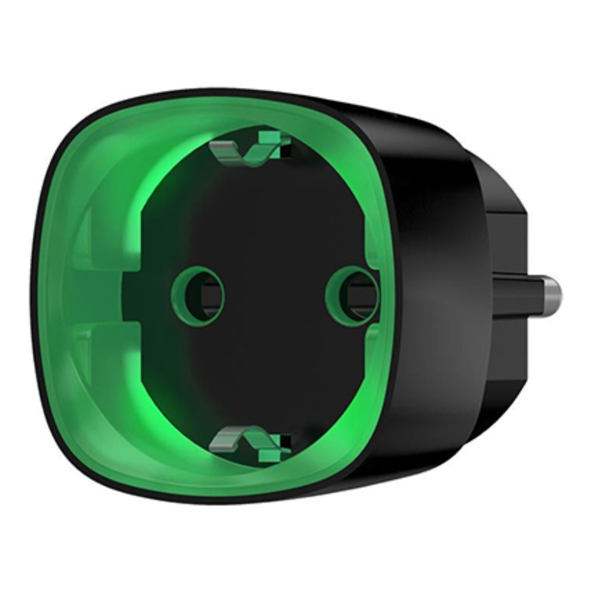 Enchufe inteligente negro y verde. El enchufe tiene un enchufe circular y un contorno verde brillante. Tiene dos clavijas para el enchufe.