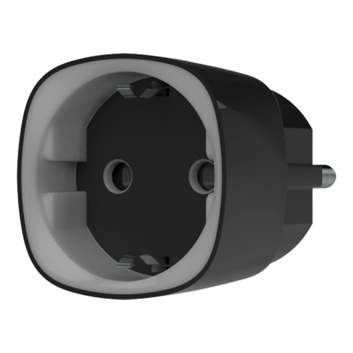 Un adaptador de enchufe europeo negro y gris. Tiene dos agujeros y un pin de tierra. El adaptador tiene un diseño redondeado.