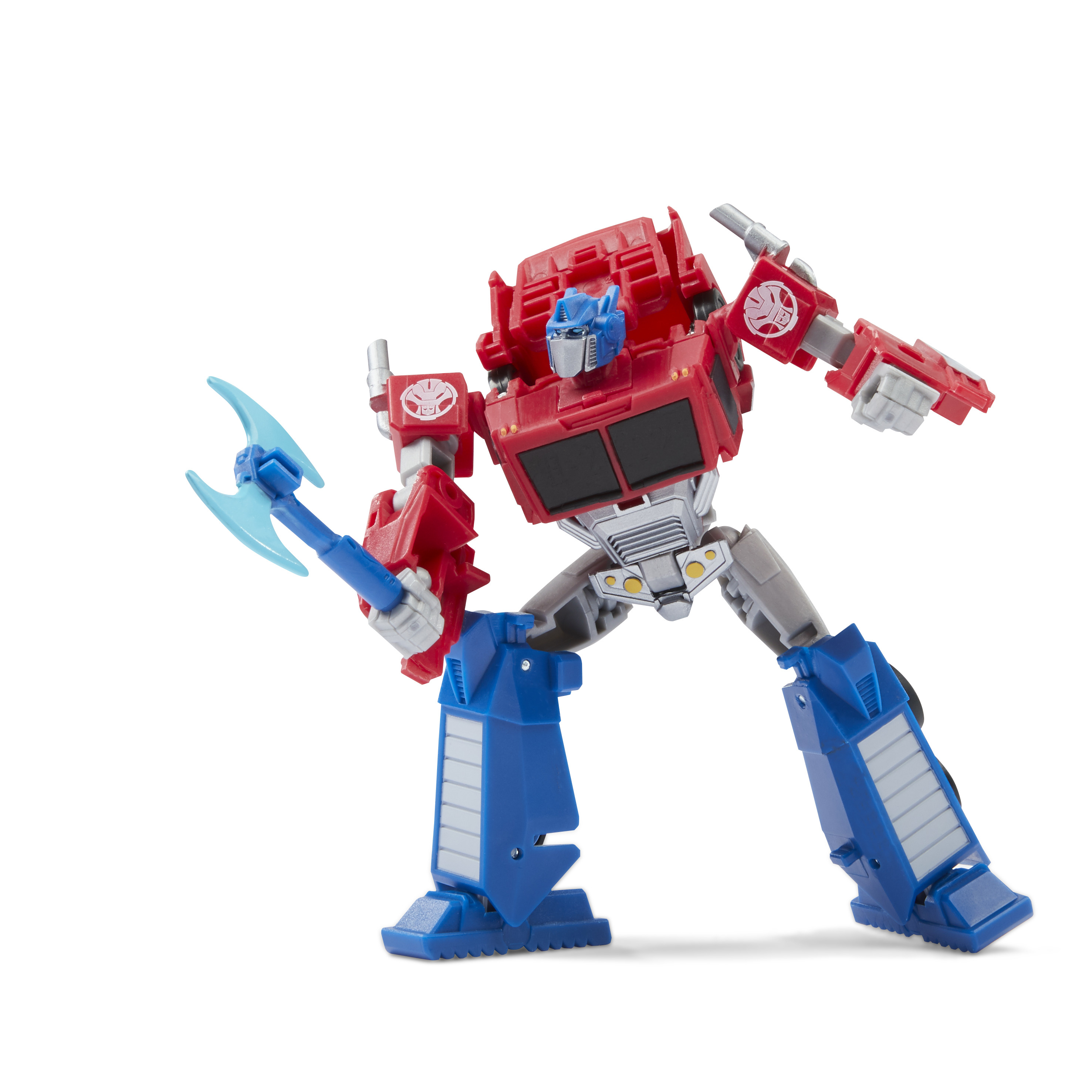 Un juguete Transformer rojo y azul, sosteniendo un hacha azul. Está en posición de combate, fondo blanco.