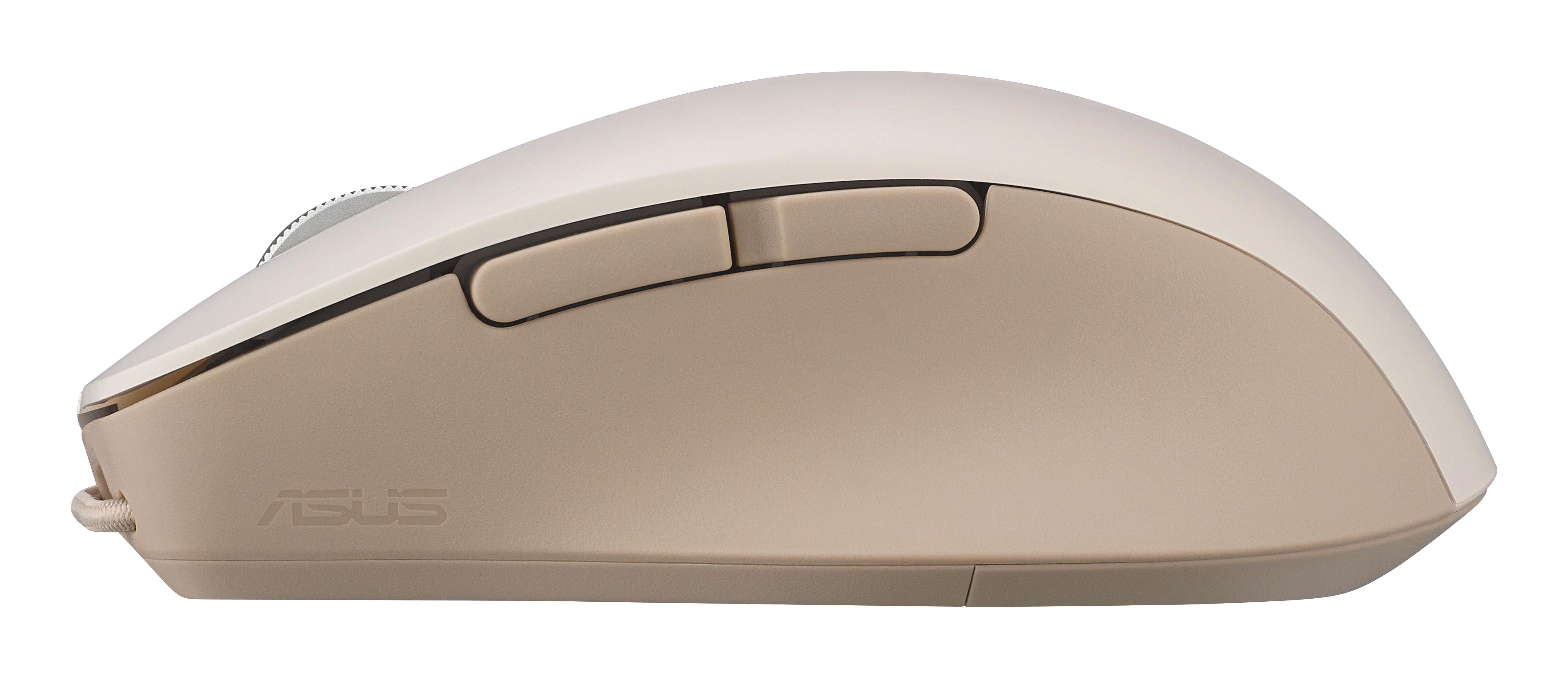 Een beige en witte ASUS computermuis. Hij heeft twee zijknoppen, een scrollwiel en het ASUS-logo.