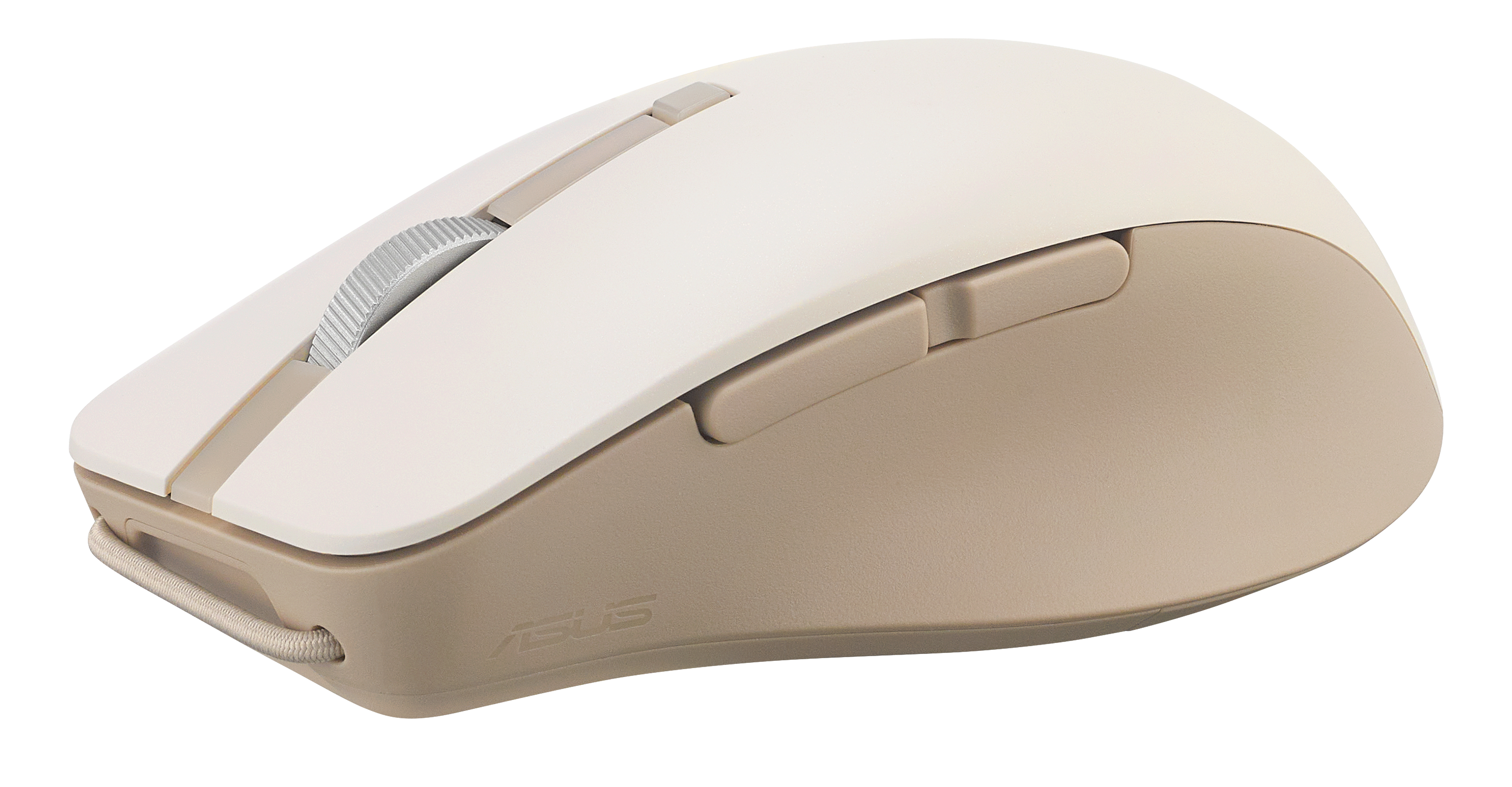 Een crème en beige ASUS draadloze muis. Beschikt over een scrollwiel, zijknoppen en een stoffen lus aan de voorkant. Het ASUS-logo is zichtbaar.