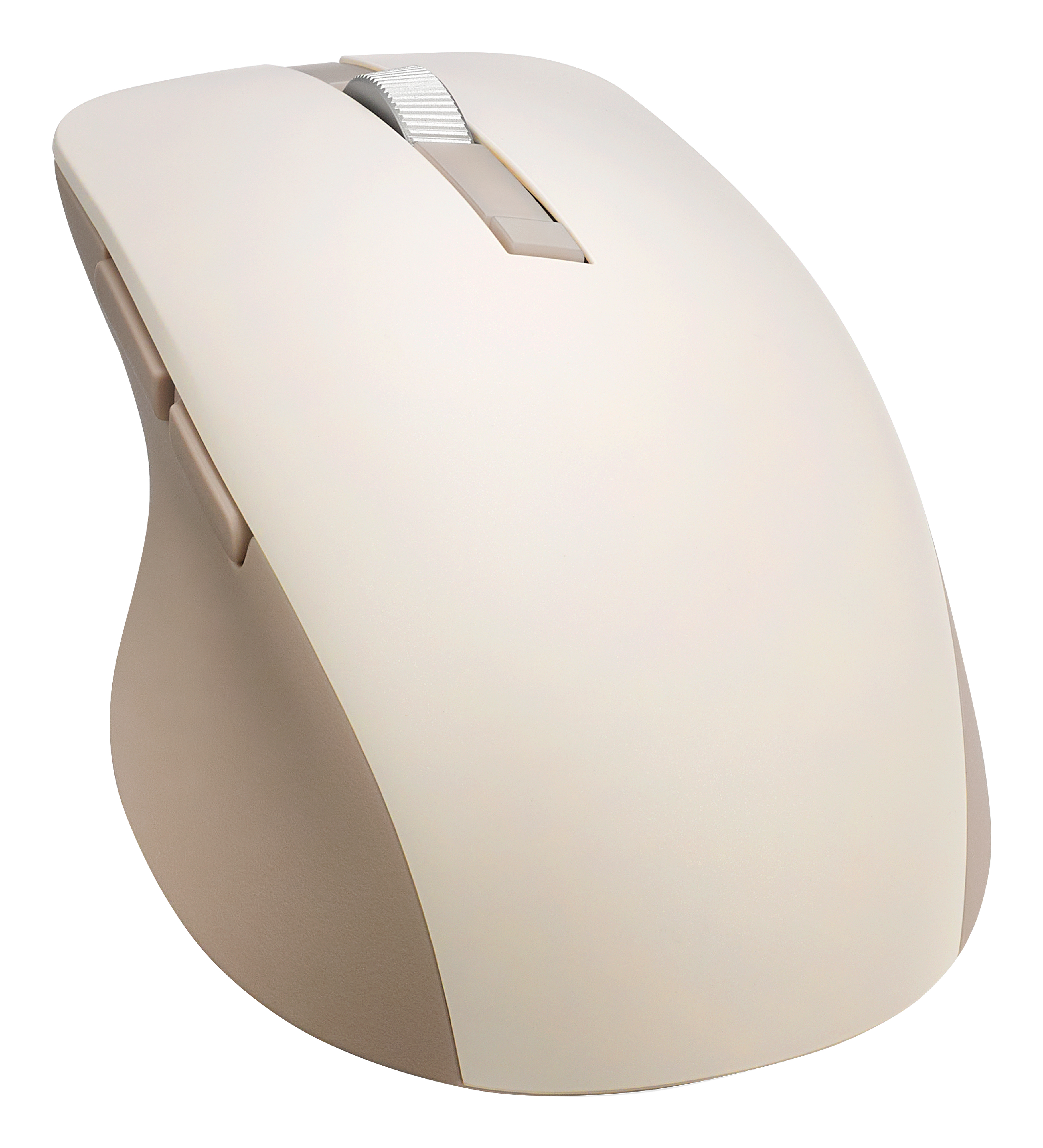 Een beige en bruine draadloze computermuis wordt getoond tegen een witte achtergrond. De muis heeft een scrollwiel.