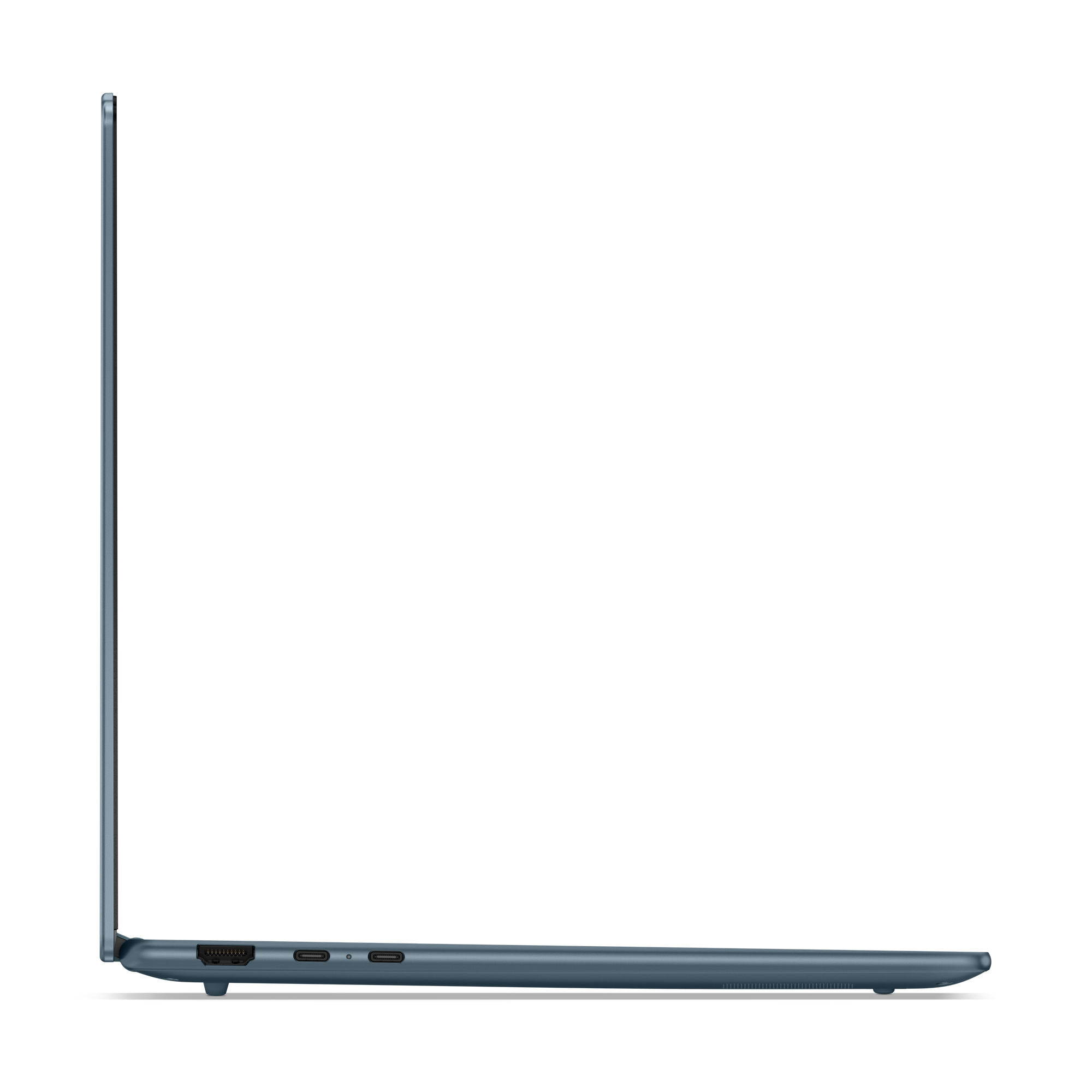 Seitenansicht eines tealfarbenen Laptops. Anschlüsse und Lüftungsschlitze sind sichtbar. Weißer Hintergrund.