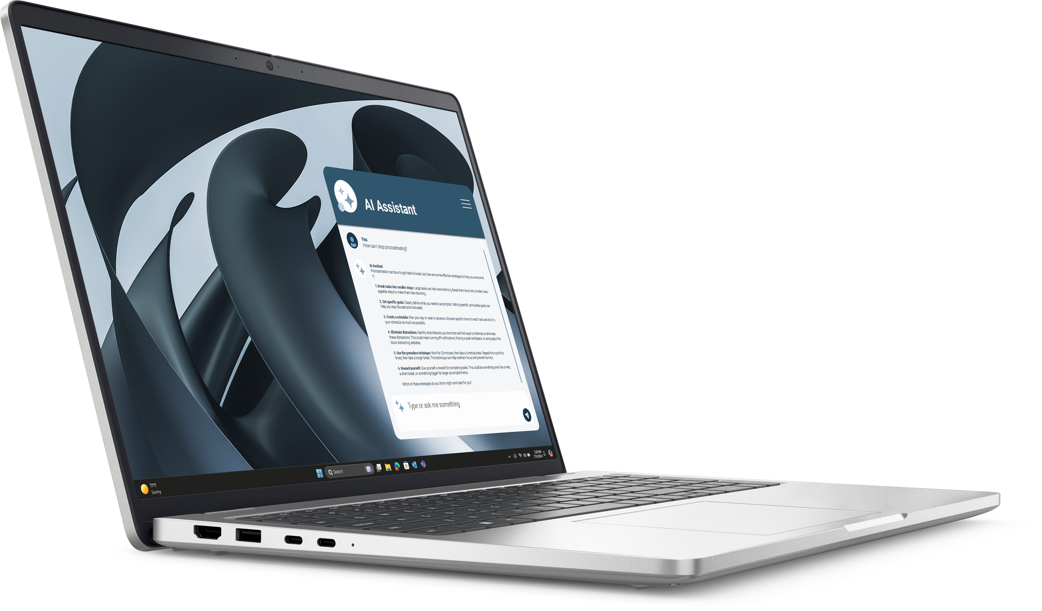 Srebrny laptop wyświetla okno asystenta AI, z czarną klawiaturą i jasnoszarą powierzchnią. Ekran pokazuje abstrakcyjny design.