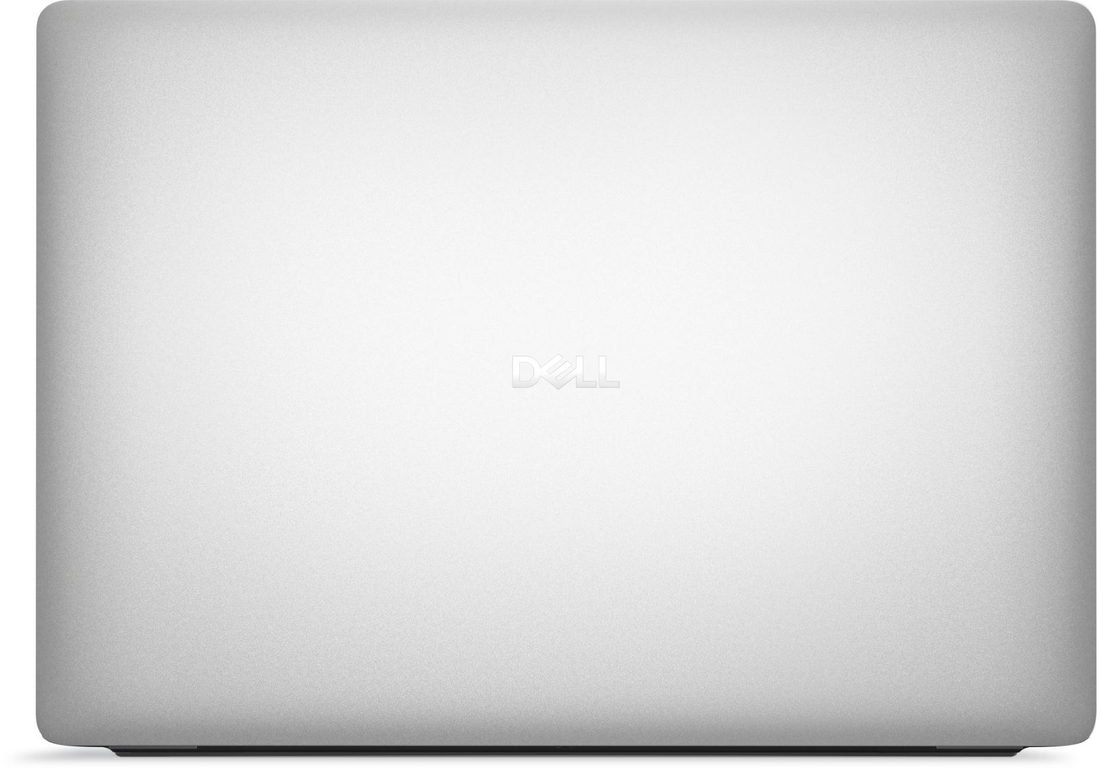 Srebrna pokrywa laptopa Dell z logo Dell pośrodku. Powierzchnia ma subtelny, teksturowany wygląd.