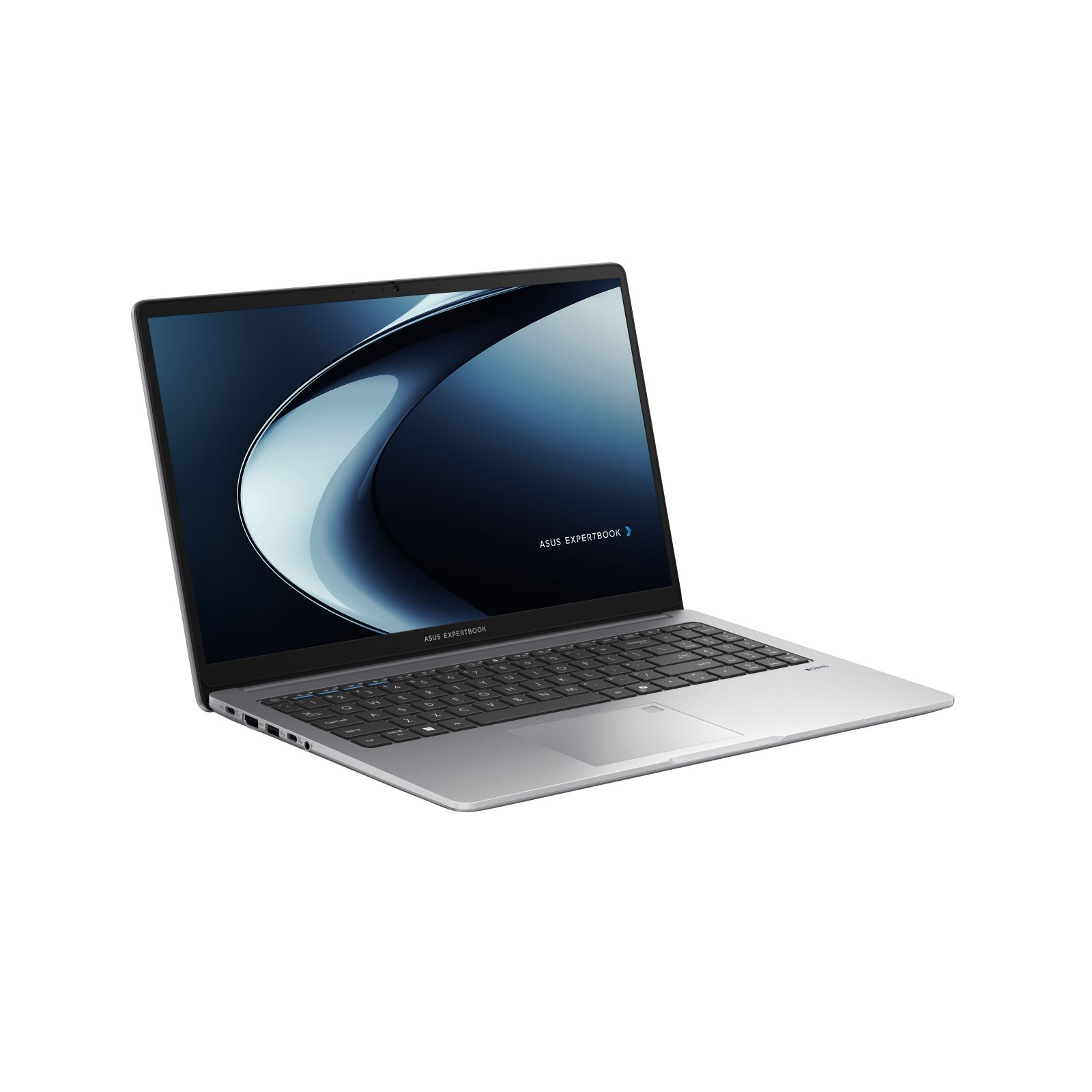Laptop ASUS ExpertBook argento. Lo schermo mostra un design astratto blu scuro e bianco. Tastiera visibile. Sfondo bianco.