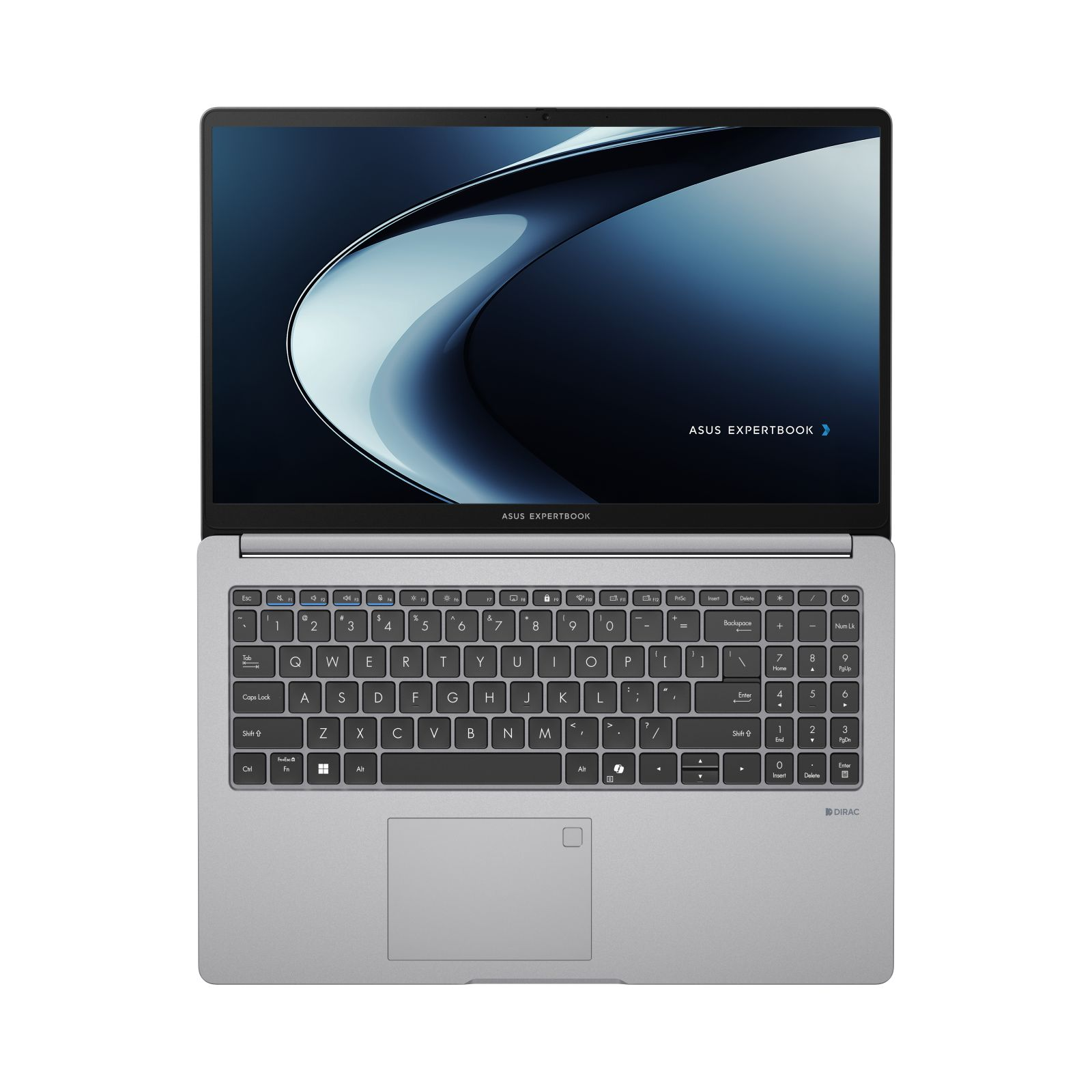 Un laptop Asus Expertbook argentato è aperto. Lo schermo mostra una sfumatura blu e bianca. Tastiera e touchpad sono visibili.