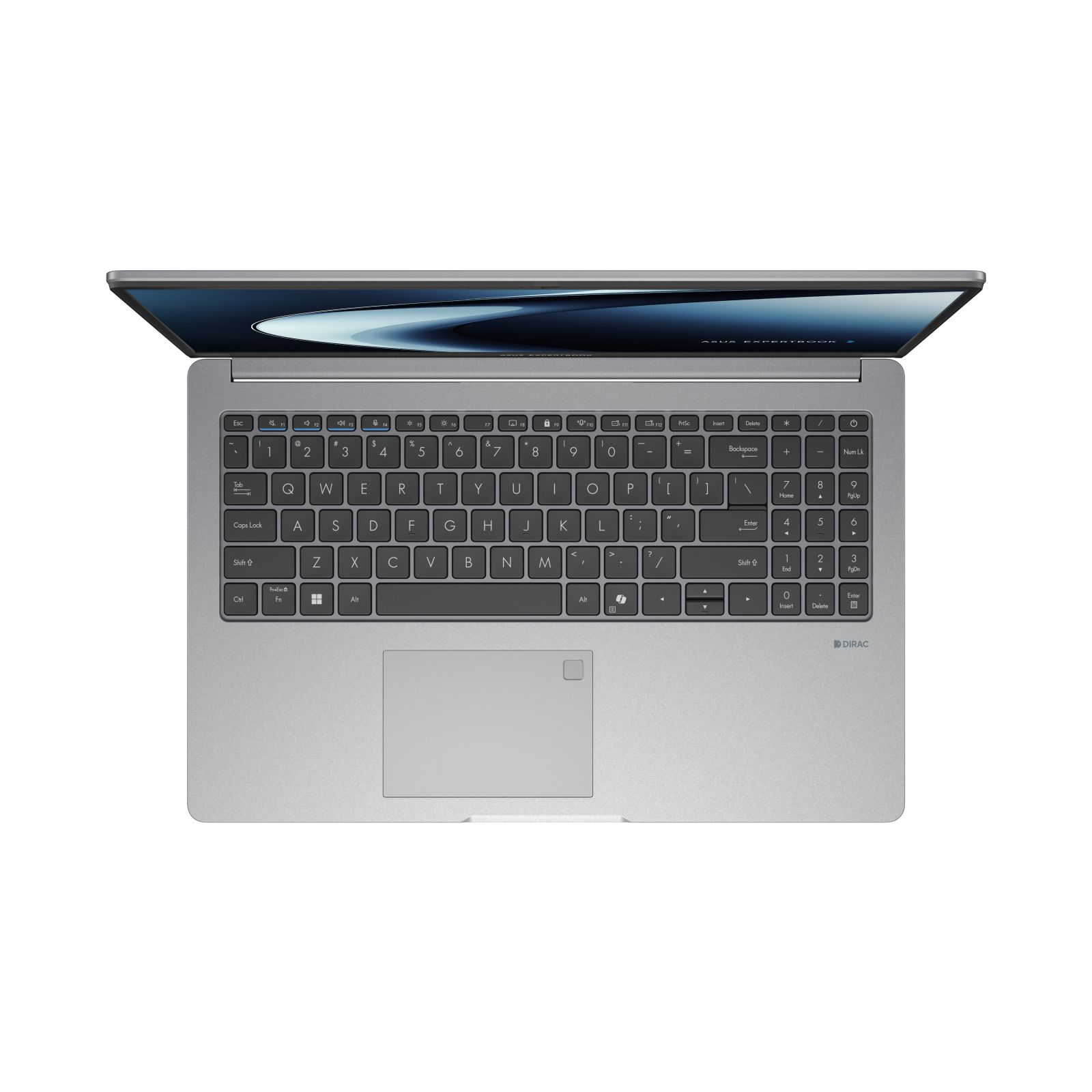 Un laptop argentato con schermo aperto, che mostra tastiera e touchpad. Lo schermo visualizza un design blu.