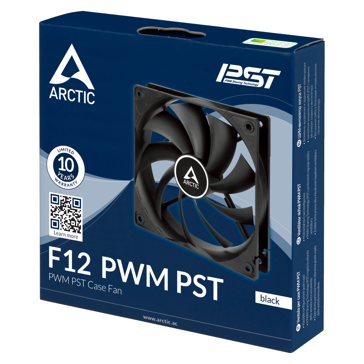Ventilateur de boîtier Arctic F12 PWM PST noir dans une boîte. La boîte est bleu foncé avec texte et logo blancs.