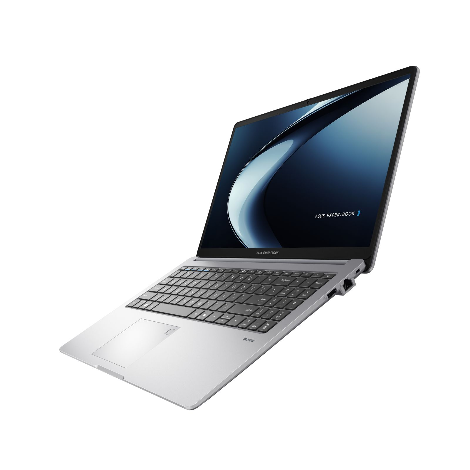 Laptop argento su bianco. Schermo con sfumatura blu. Tastiera e touchpad visibili. Logo ASUS EXPERTBOOK presente.
