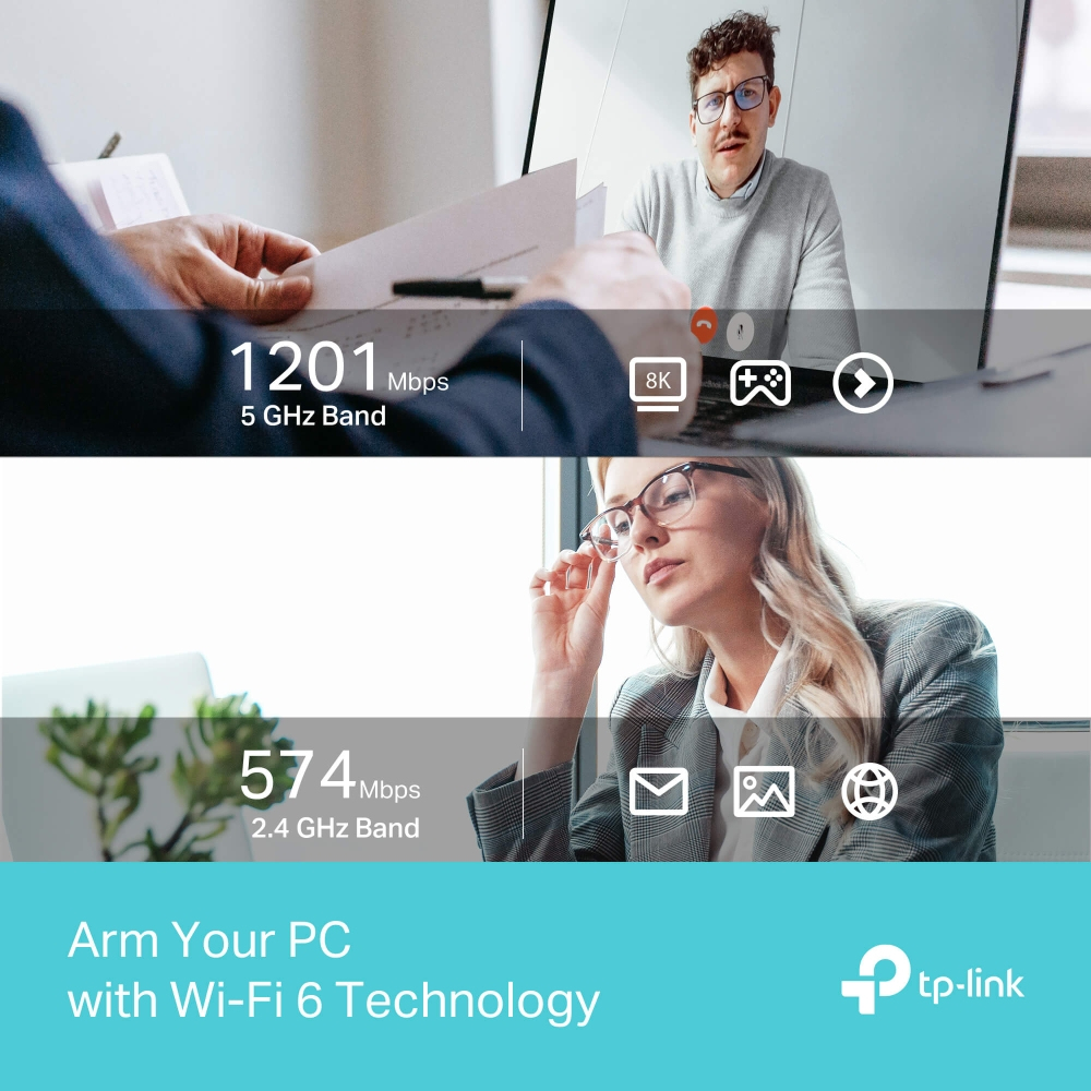 Obraz przedstawia osoby na rozmowach wideo ze wskaźnikami prędkości. Na dole kobieta poprawiająca okulary. Tekst: Wyposaż swój komputer w technologię Wi-Fi 6.
