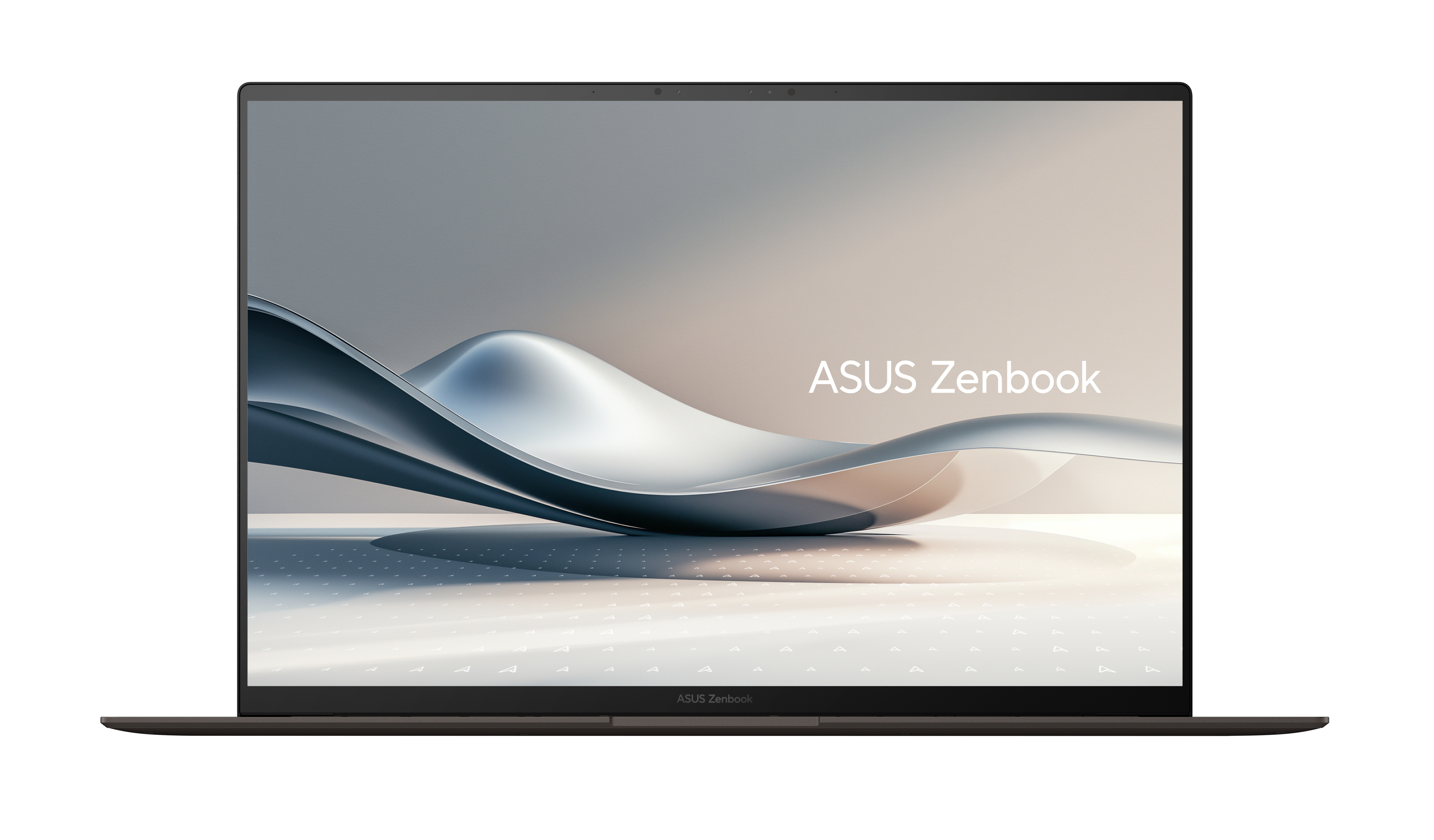 ASUS Zenbook Laptop. Das Display zeigt ein abstraktes Design in Grau- und Beigetönen. Laptop ist offen.