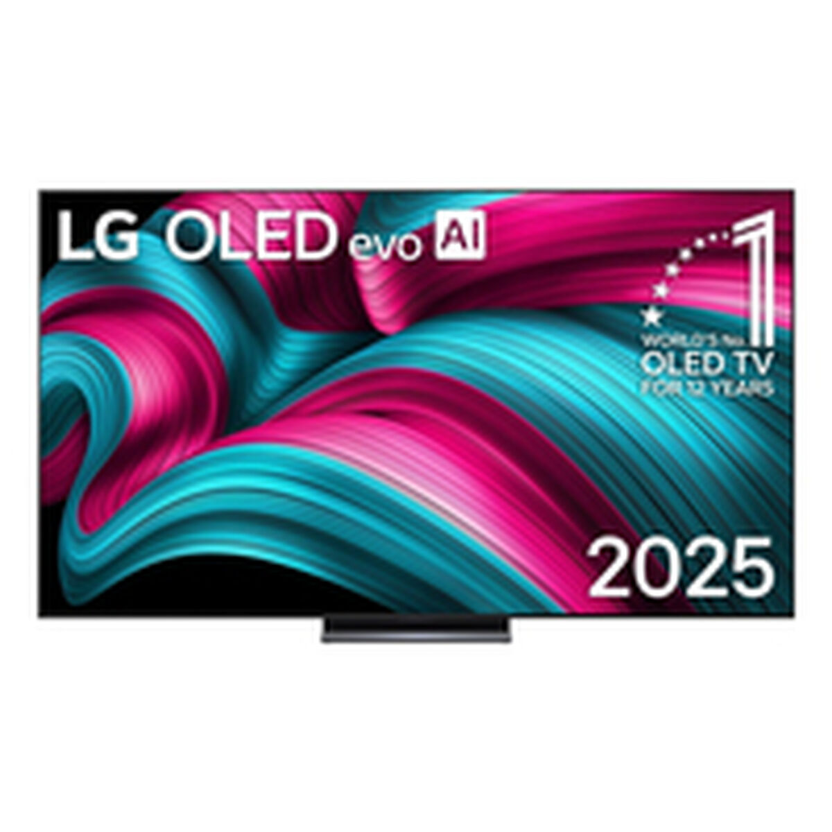 Ekran telewizora LG OLED evo AI. Ma różowy i turkusowy wzór wirowania. Ekran wyświetla '2025' i inne teksty.