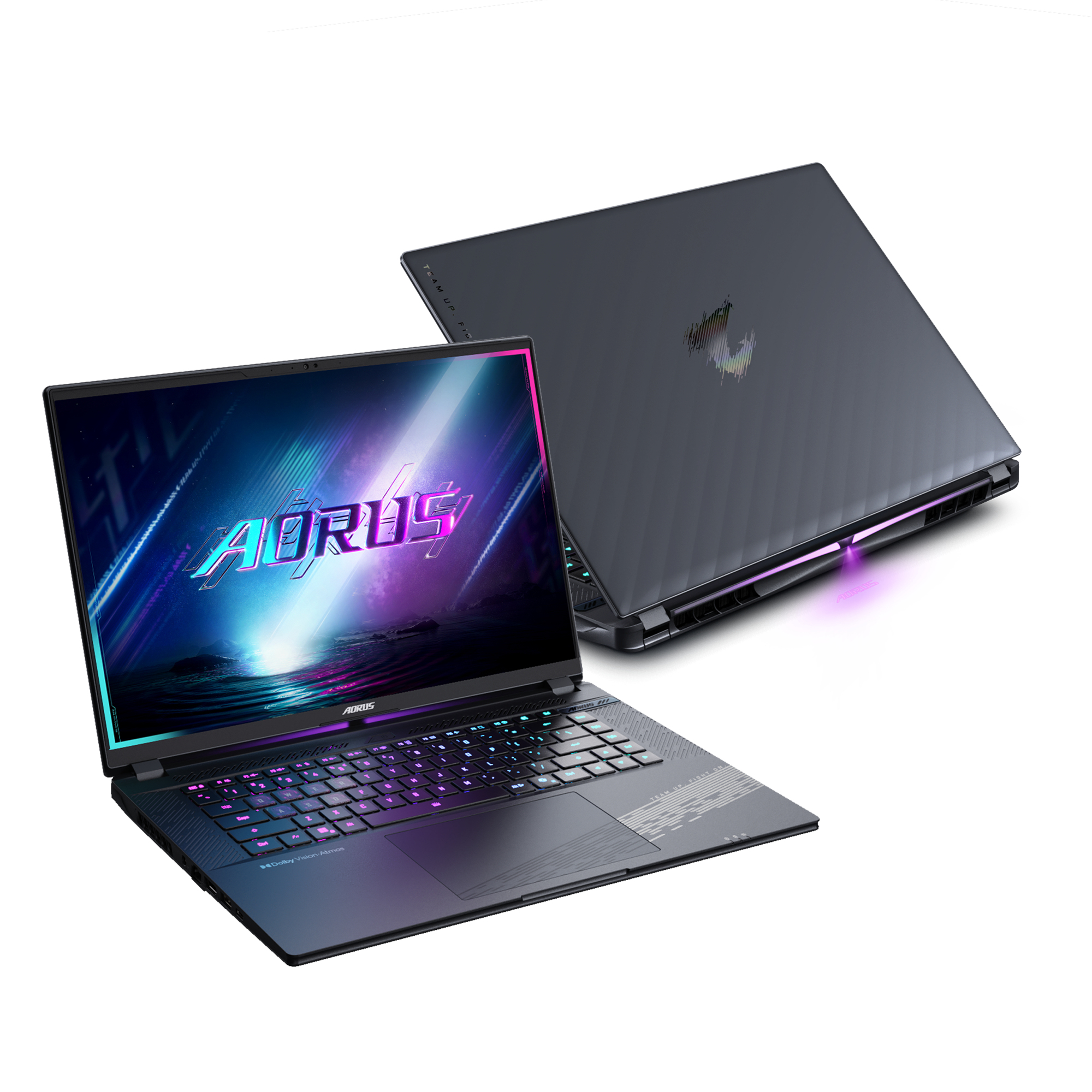 Dwa czarne laptopy na białym tle. Jeden otwarty, z kolorowym wyświetlaczem AORUS. Drugi zamknięty, z logo AORUS.