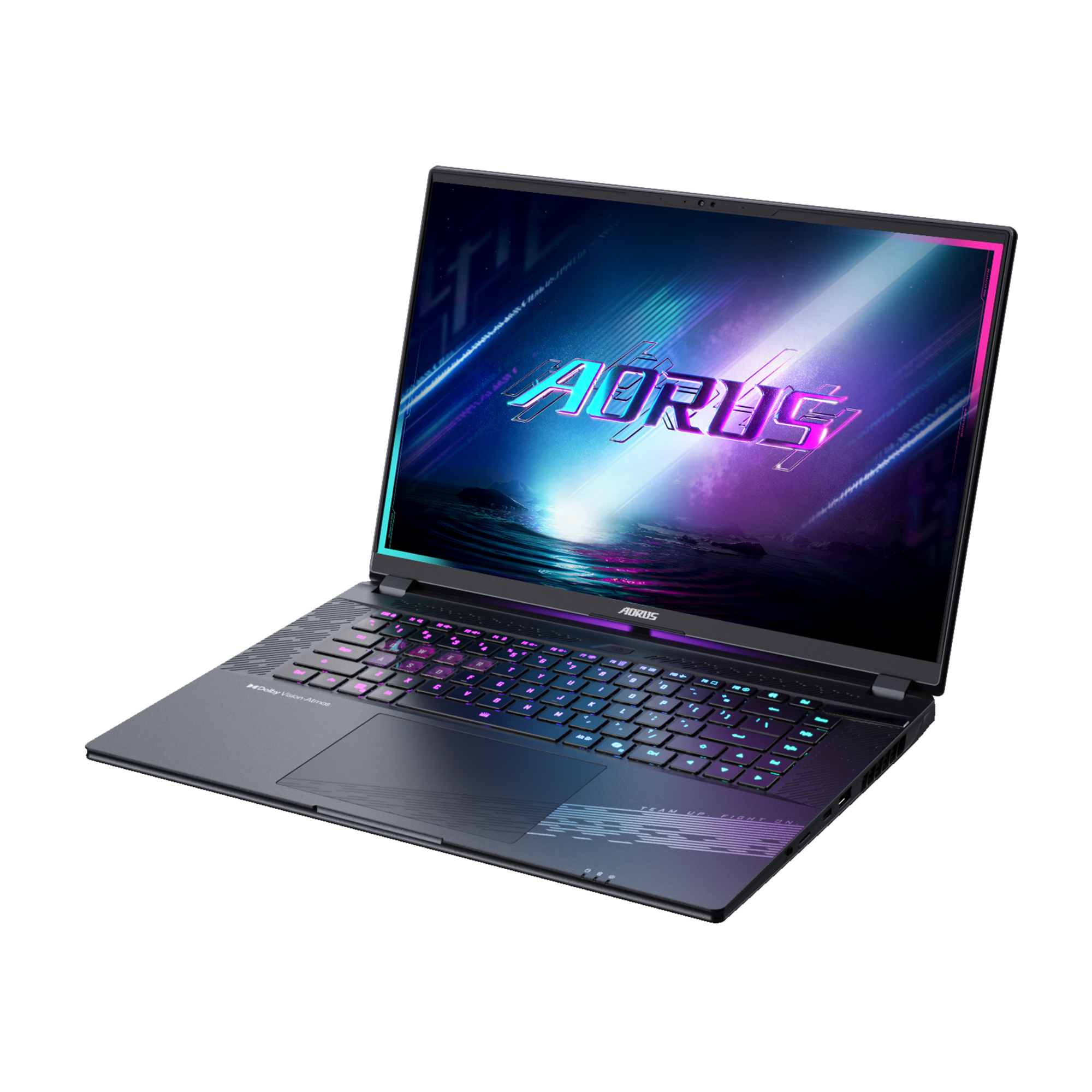 Czarny laptop Aorus z podświetlanym ekranem. Na ekranie widnieje logo Aorus. Klawiatura ma kolorowe podświetlane klawisze.