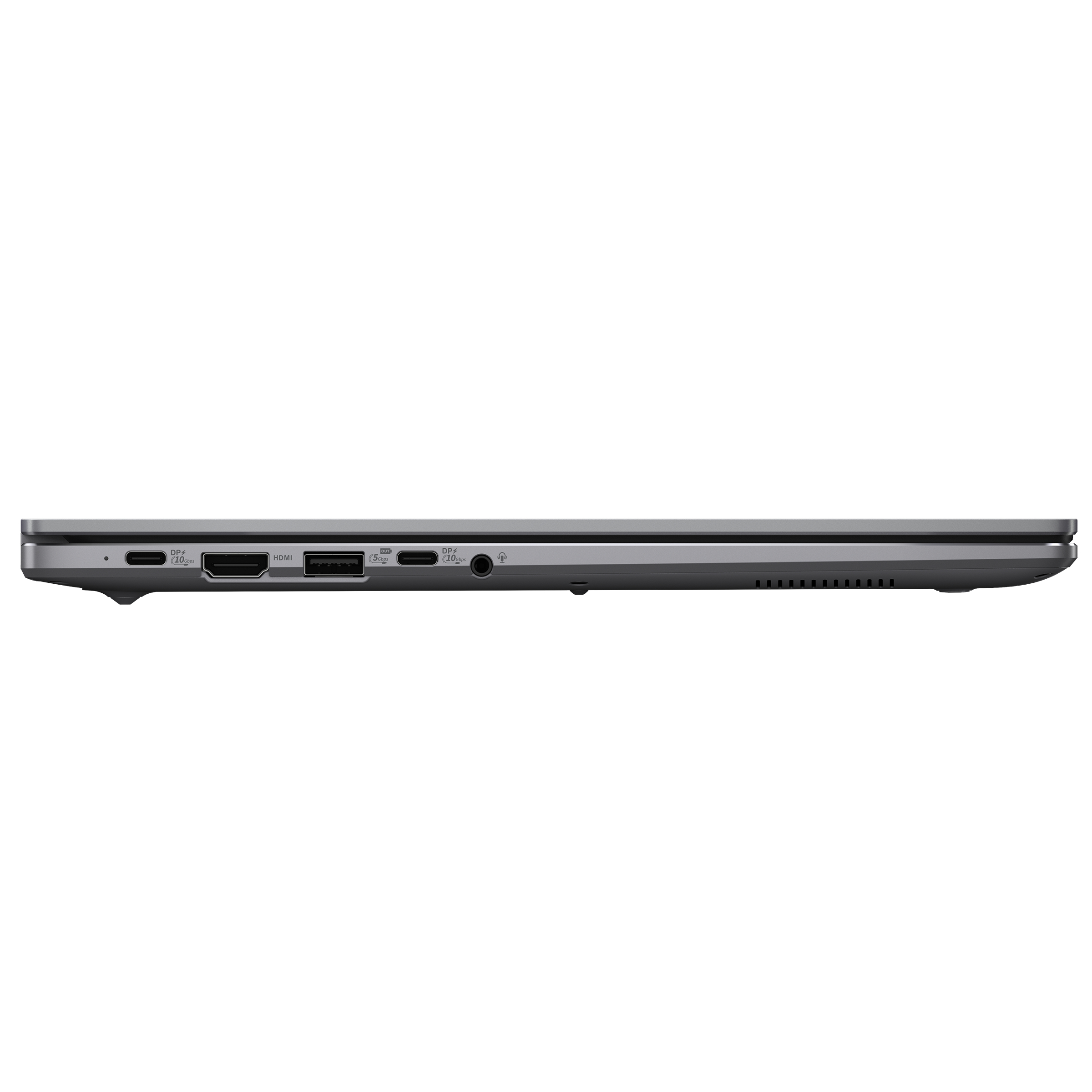 Vista laterale di un laptop grigio. Porte visibili: USB, HDMI, jack audio e alimentazione. Sfondo bianco.