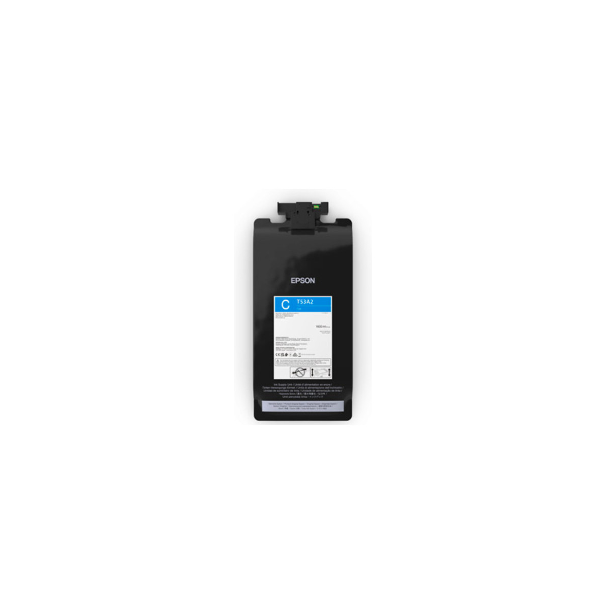 Czarny wkład atramentowy Epson, model T53A2, na białym tle. Posiada niebieską etykietę z tekstem i symbolami.