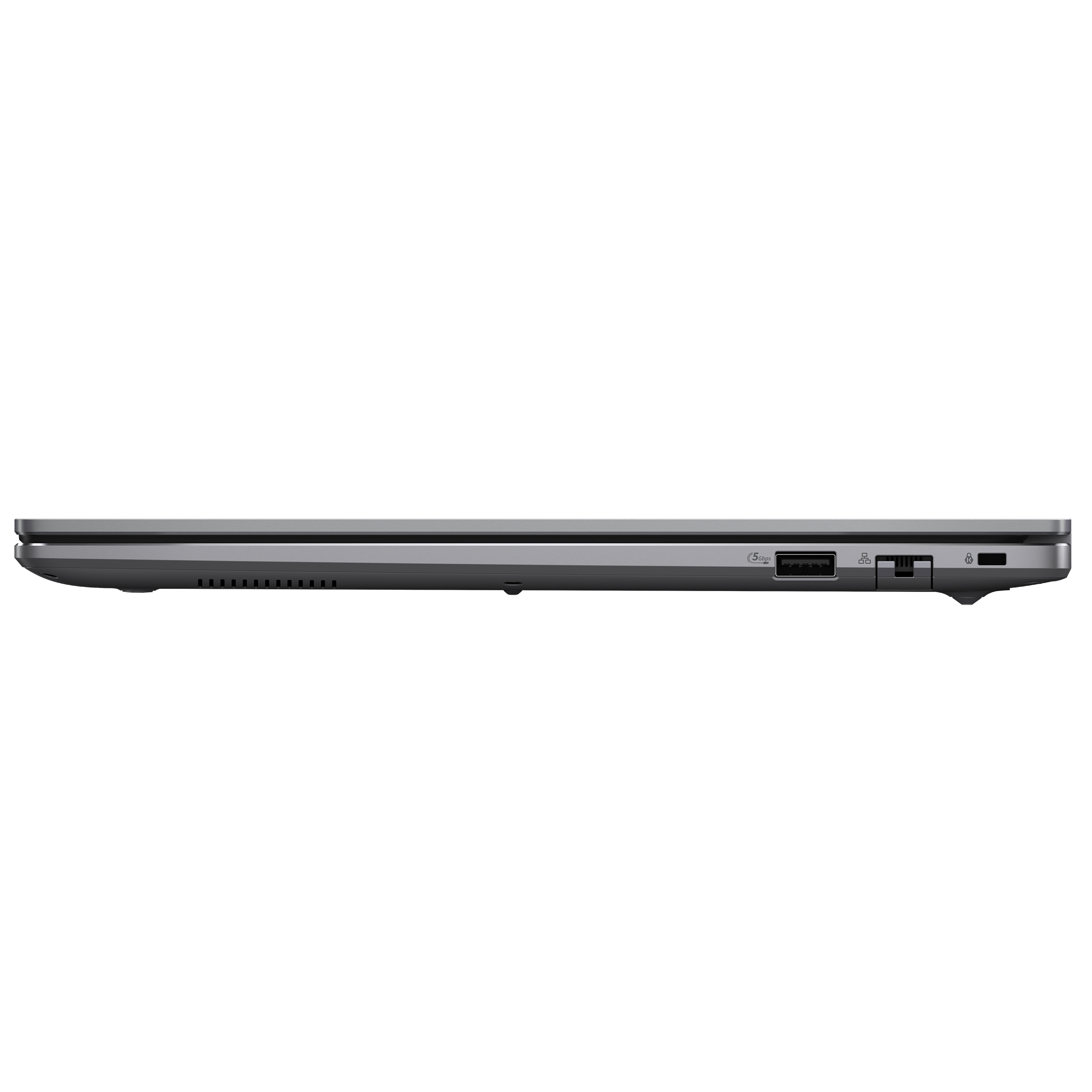 Vista laterale di un laptop grigio. Le porte sono visibili, tra cui USB e un blocco di sicurezza. Lo sfondo è bianco.