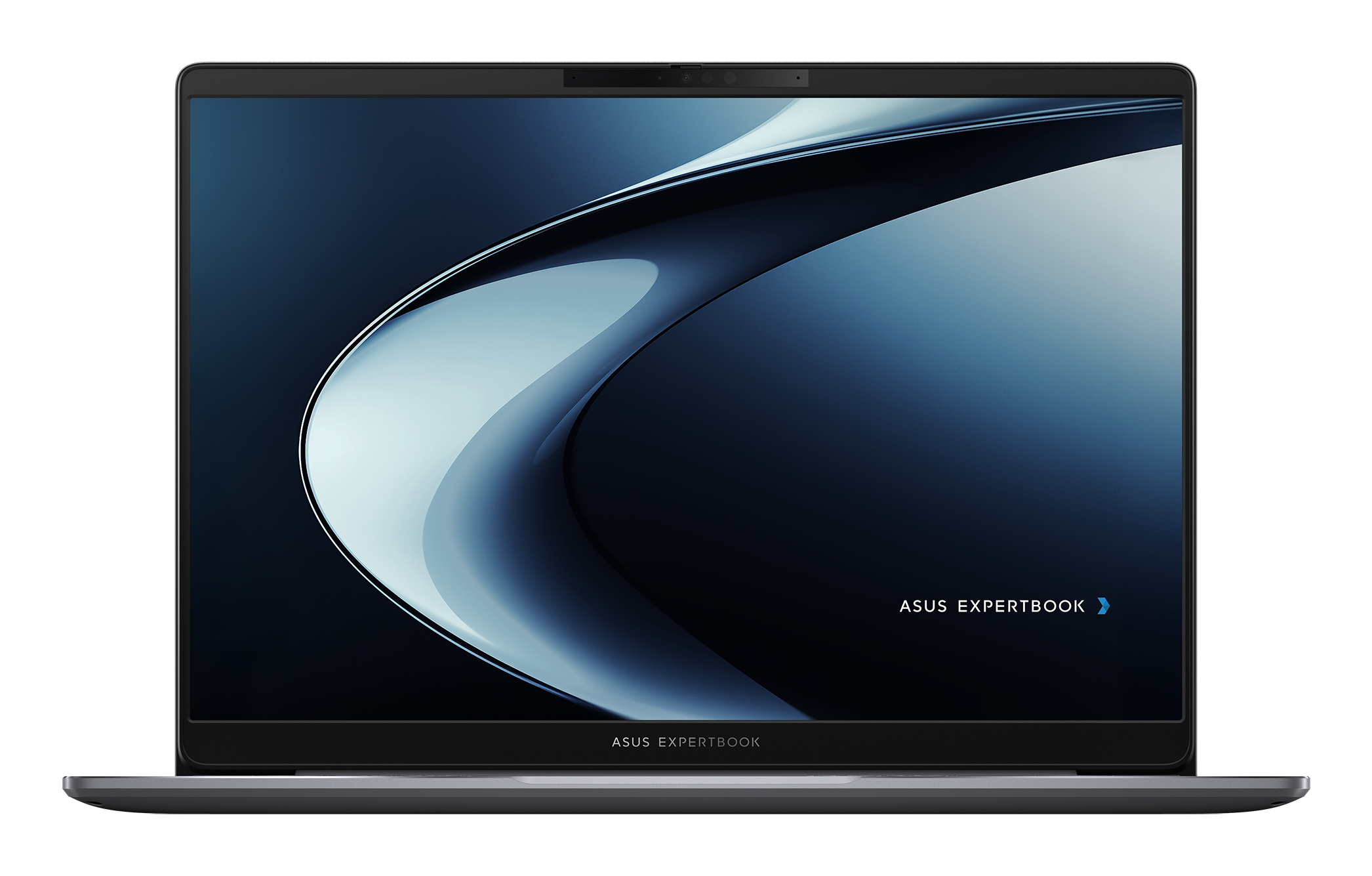Un laptop con schermo blu scuro che mostra un design a spirale. Il marchio 'ASUS EXPERTBOOK' è visibile.