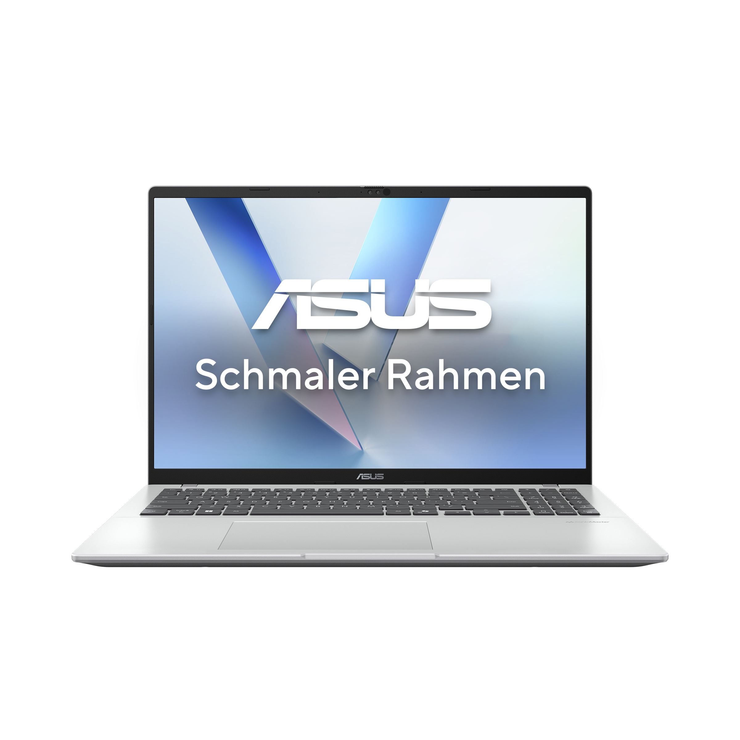 Srebrny laptop z ekranem wyświetlającym 'ASUS' i 'Schmaler Rahmen'. Białe tło.