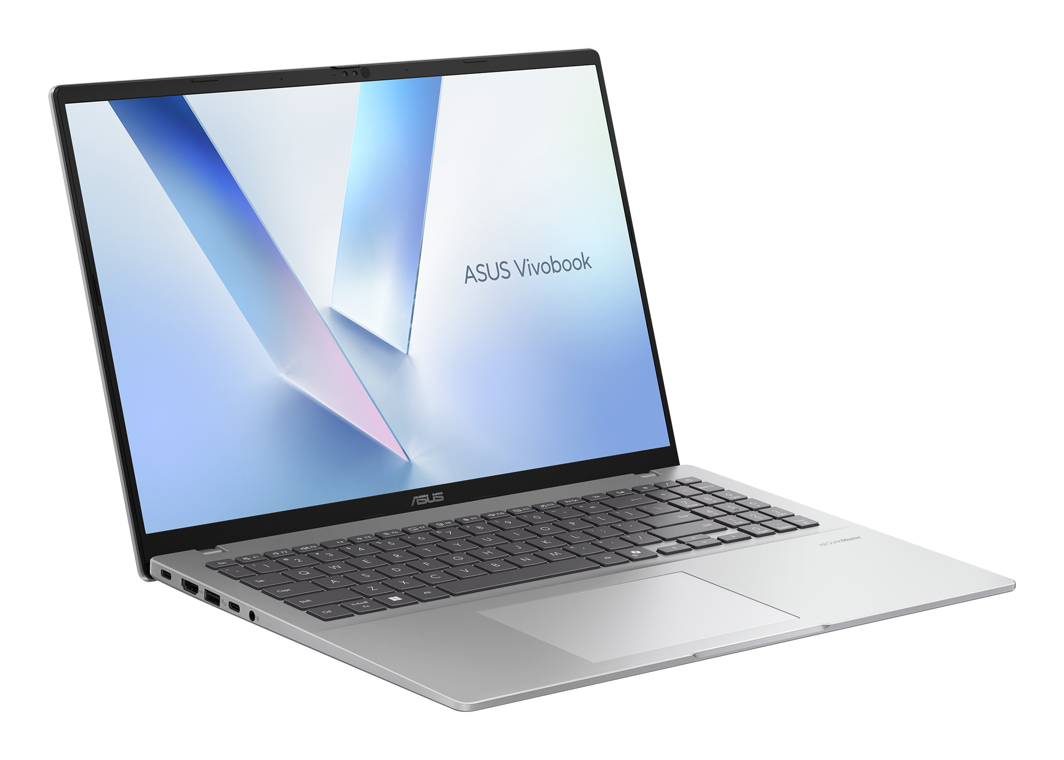 Srebrny laptop ASUS Vivobook na białym tle. Ekran wyświetla logo ASUS Vivobook i abstrakcyjne niebieskie i różowe kształty.