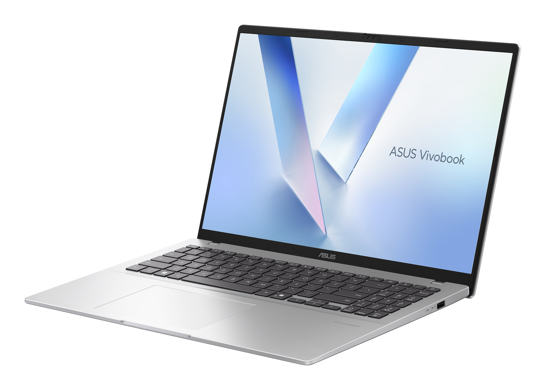 Srebrny laptop ASUS Vivobook na białym tle. Ekran wyświetla niebiesko-biały abstrakcyjny wzór. Widoczna klawiatura.