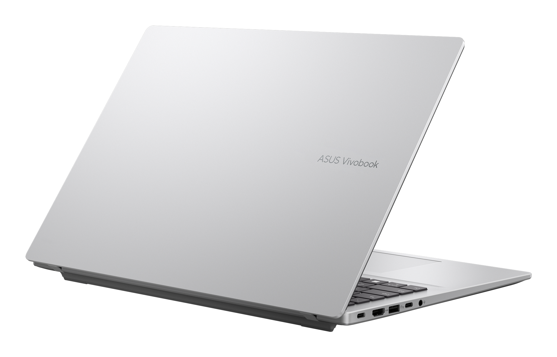 Srebrny laptop ASUS Vivobook, częściowo otwarty. Widoczna klawiatura i porty. Białe tło.
