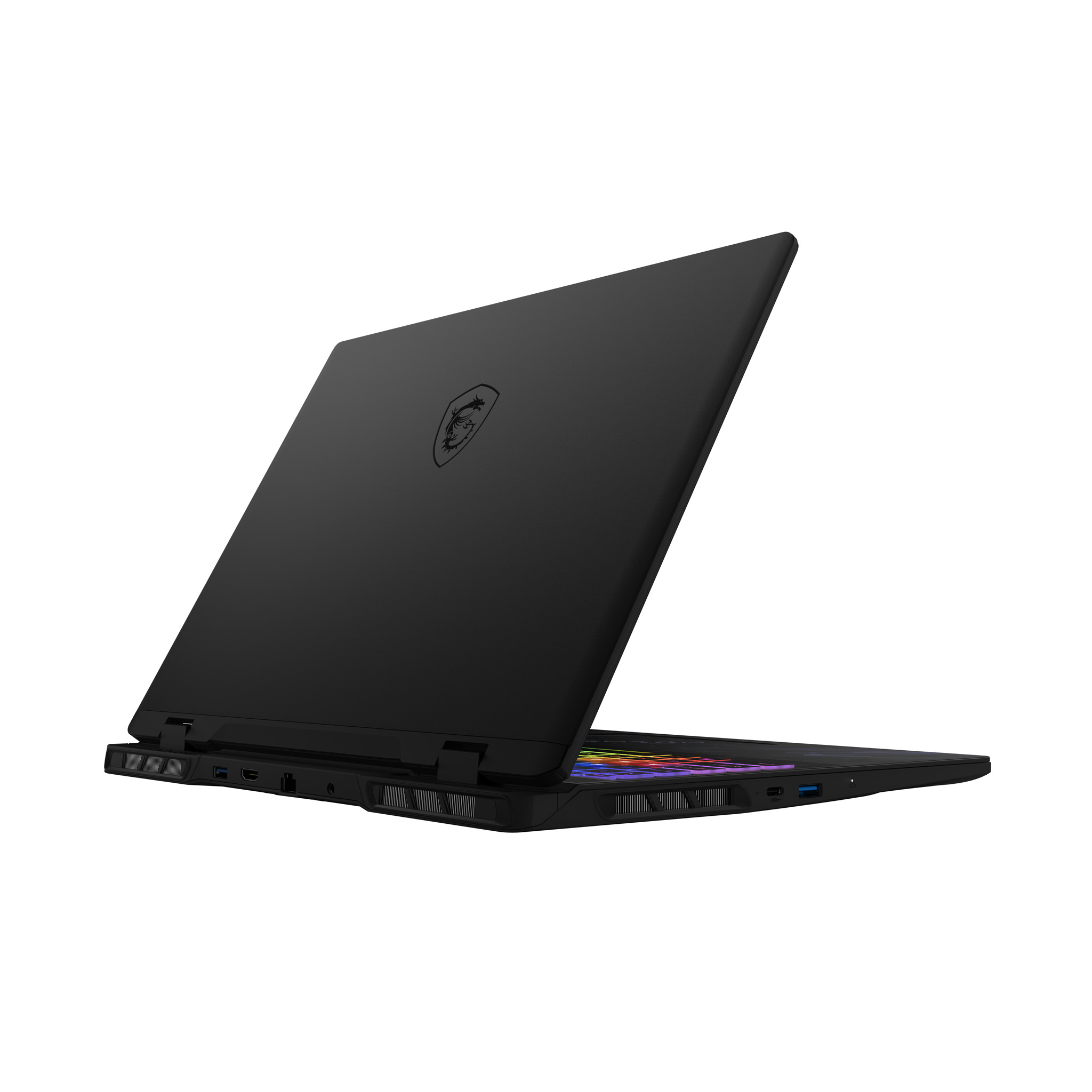 Un portátil negro está abierto, revelando un teclado colorido. El logotipo de MSI es visible.