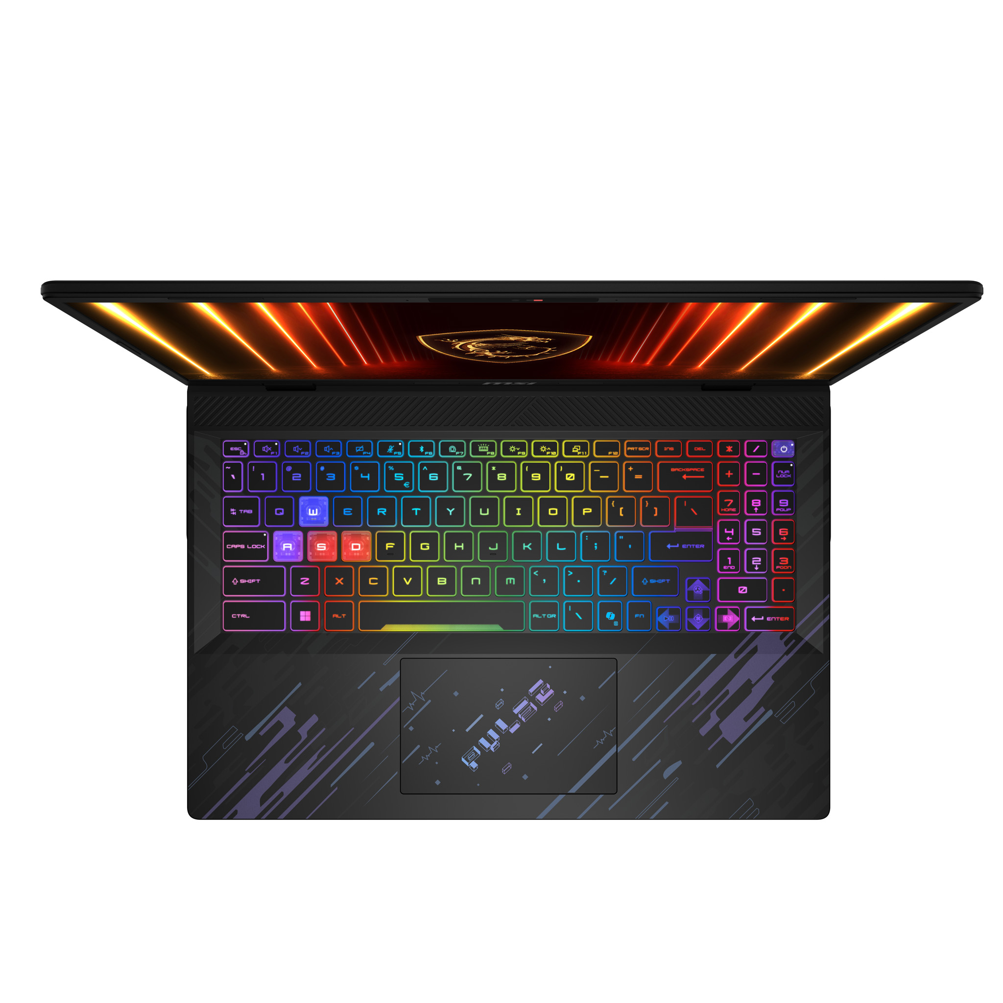 Vista superior de un portátil para juegos. Tiene un teclado retroiluminado colorido y una pantalla con un logotipo de dragón.