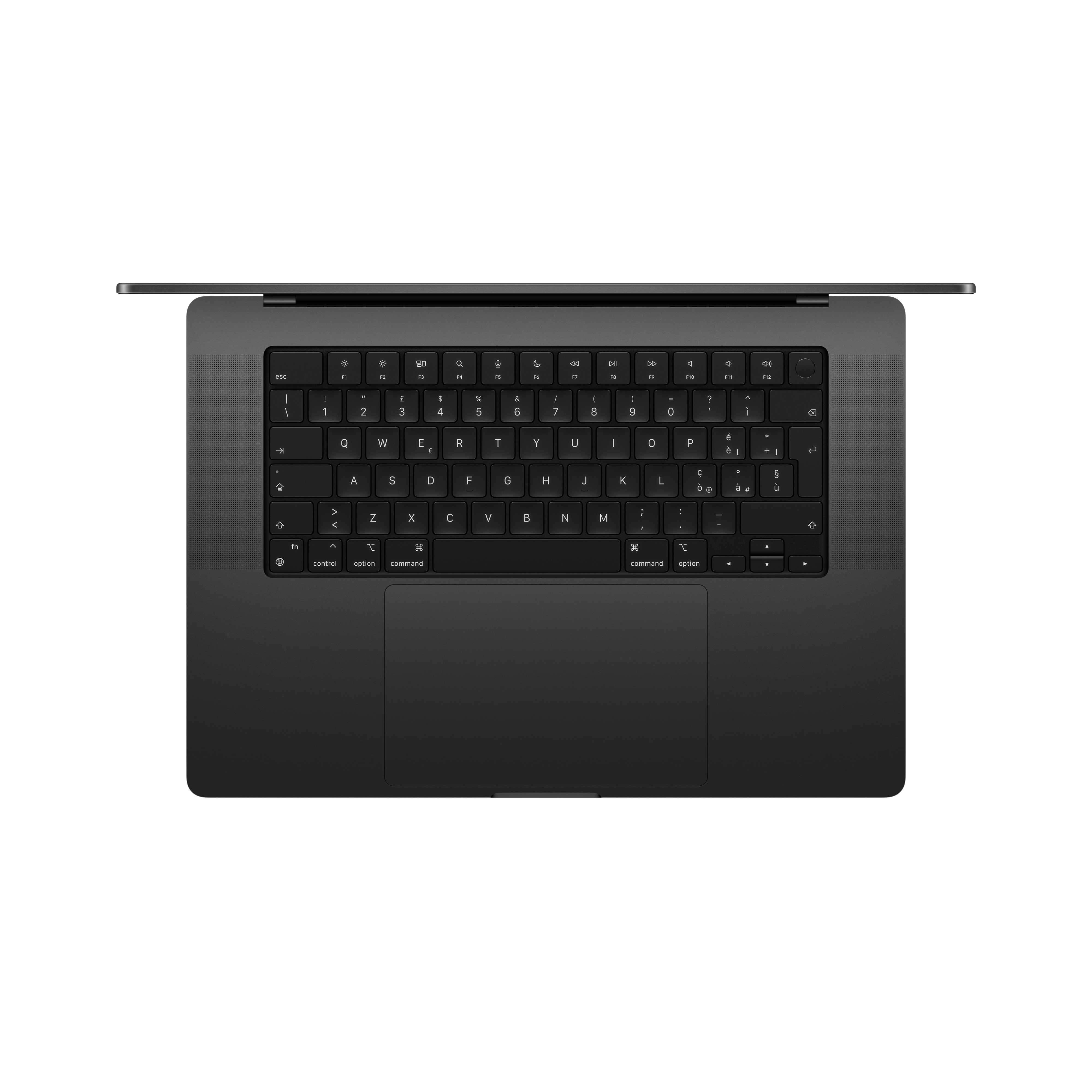 Vista superior de un portátil gris oscuro con teclado y panel táctil negros.