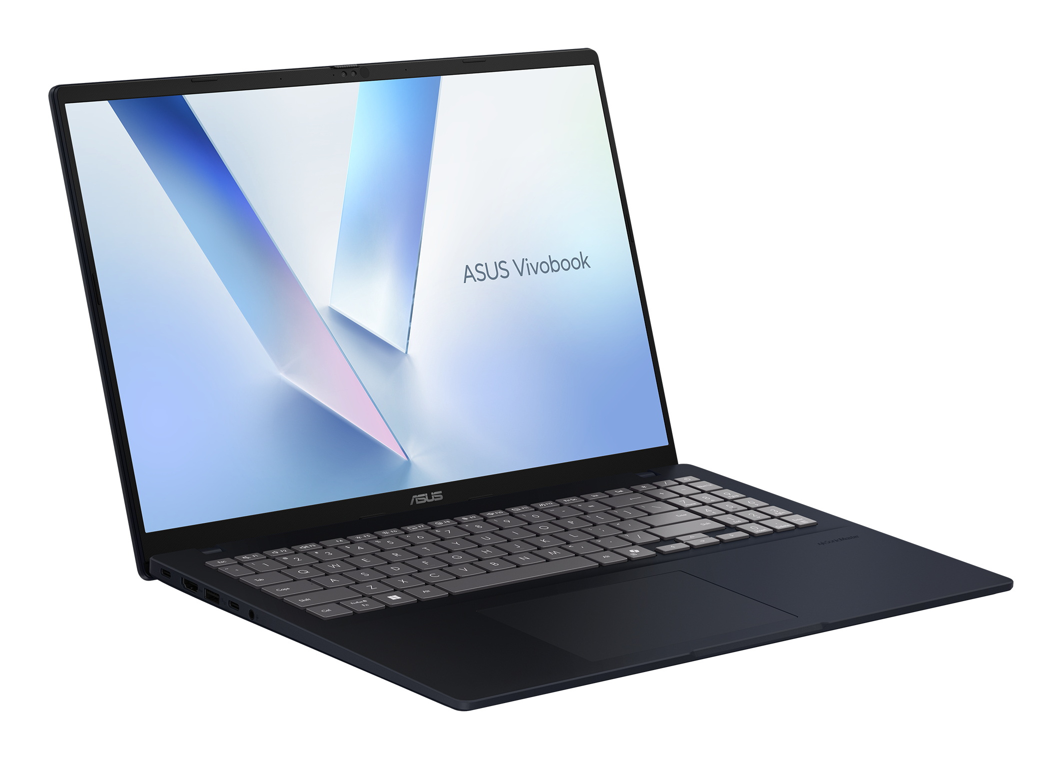 Un laptop Asus Vivobook nero su una superficie bianca. Lo schermo mostra un design astratto blu e bianco. La tastiera è visibile.