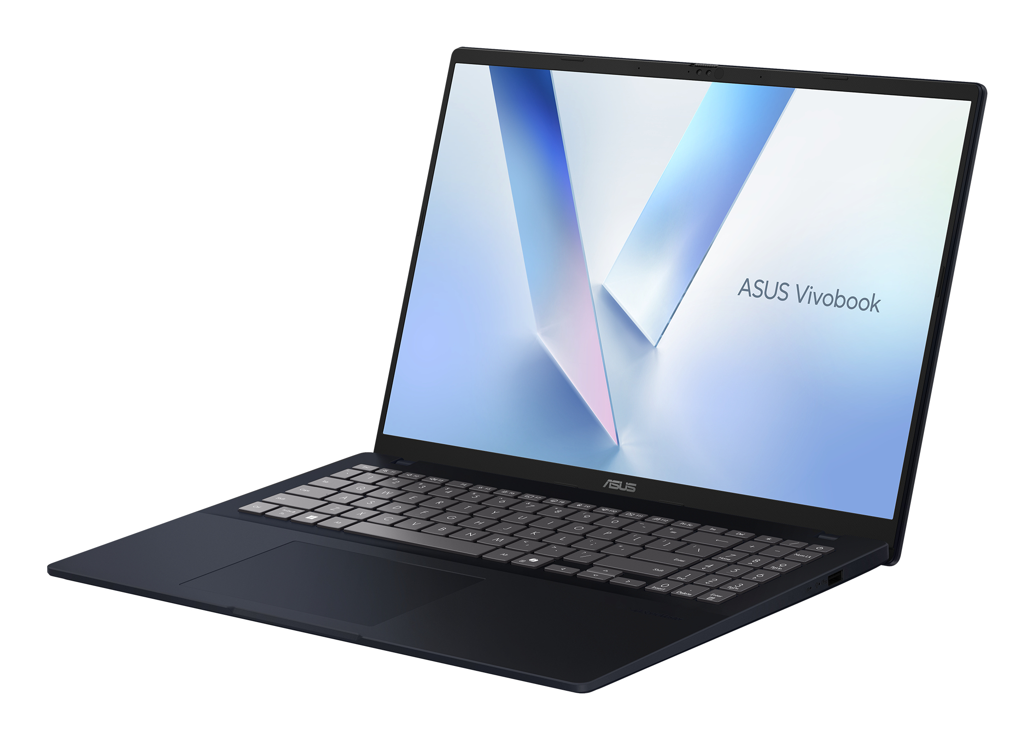 Un laptop ASUS Vivobook blu scuro è aperto. Lo schermo mostra un design blu chiaro e bianco. La tastiera è visibile.