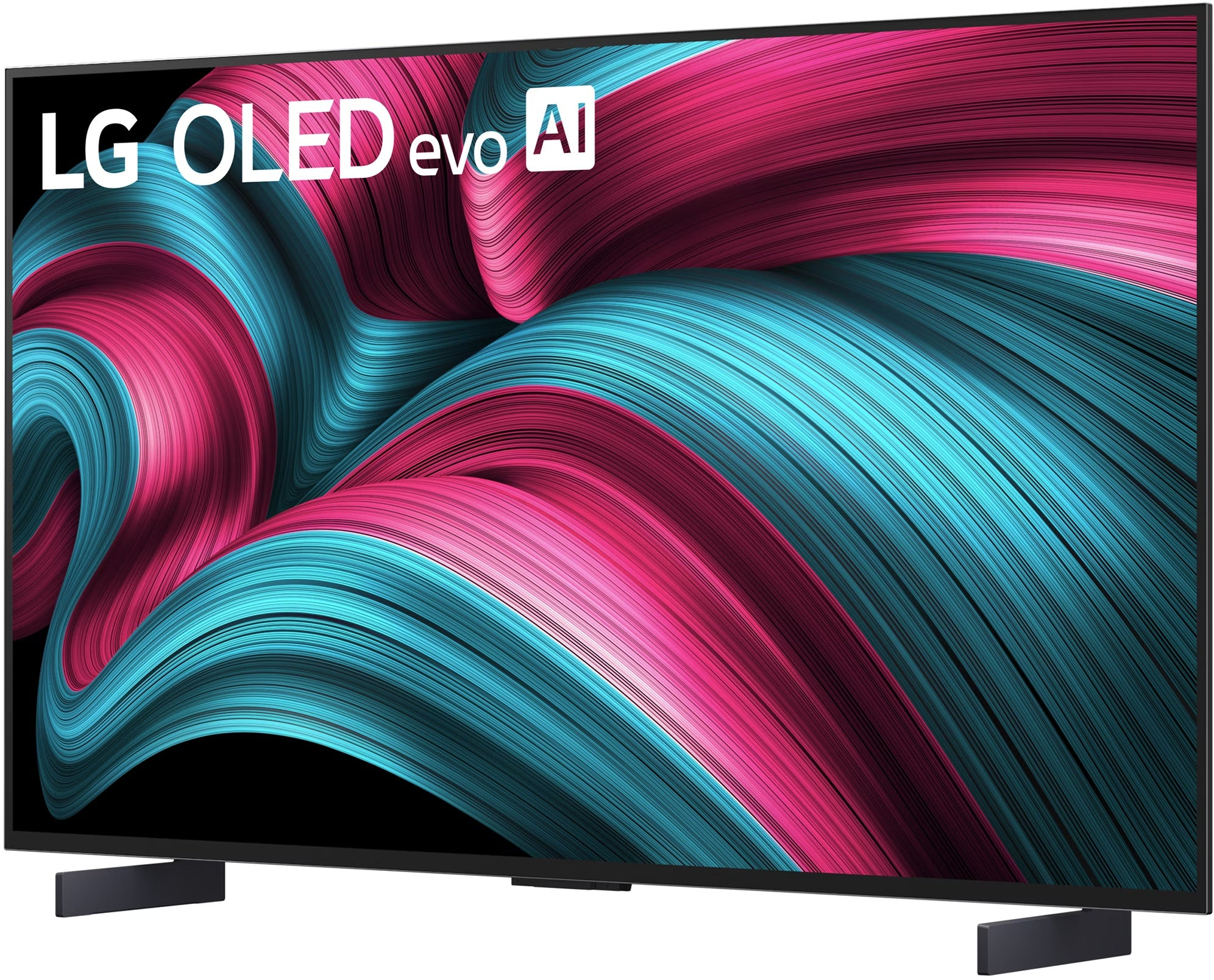 TV LG OLED evo AI. Lo schermo mostra arte astratta vorticosa rosa e blu. Cornice nera, due supporti neri.
