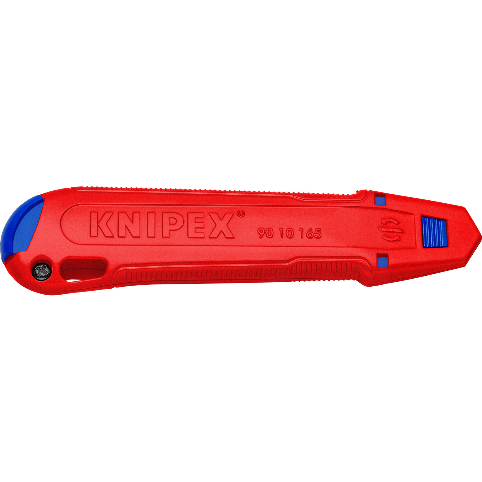 Ein rotes KNIPEX-Cutter-Messer mit blauen Akzenten. Es hat ein blaues Ende, einen Schiebeknopf und die Modellnummer 90 10 165.