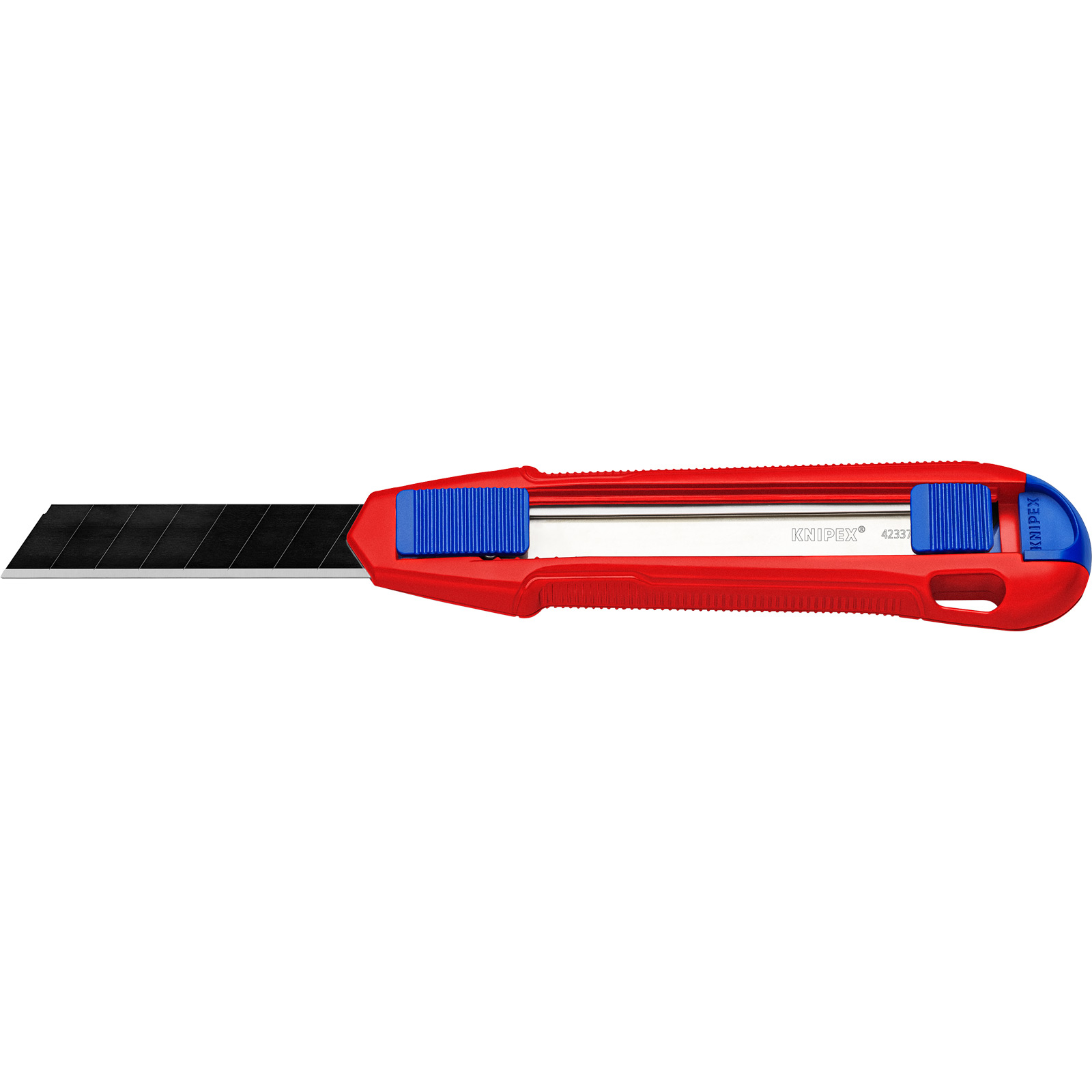 Ein rot-blaues Cuttermesser mit schwarzer Klinge wird vor weißem Hintergrund gezeigt. Die Marke 'KNIPEX' ist sichtbar.
