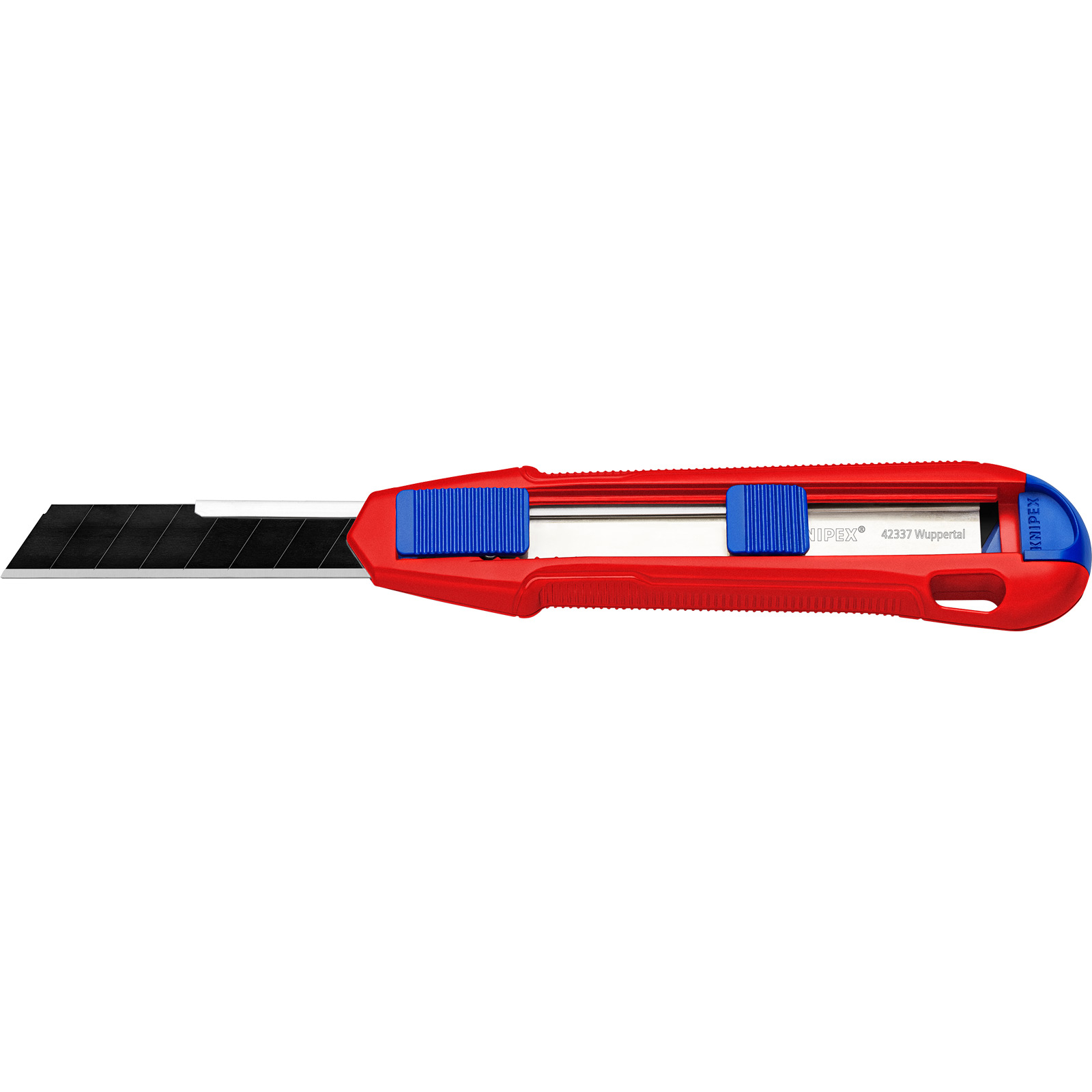 Ein rot-blaues Teppichmesser mit schwarzer Klinge. Die Marke ist Knipex.