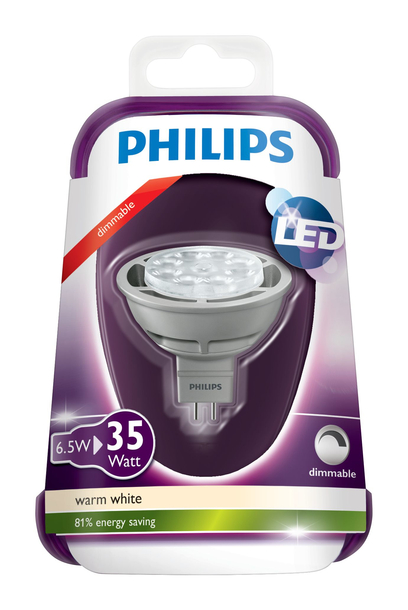 Un paquete de bombilla LED Philips. El paquete es morado y blanco, con la bombilla visible a través de una ventana. El texto incluye 'PHILIPS' y 'regulable'.