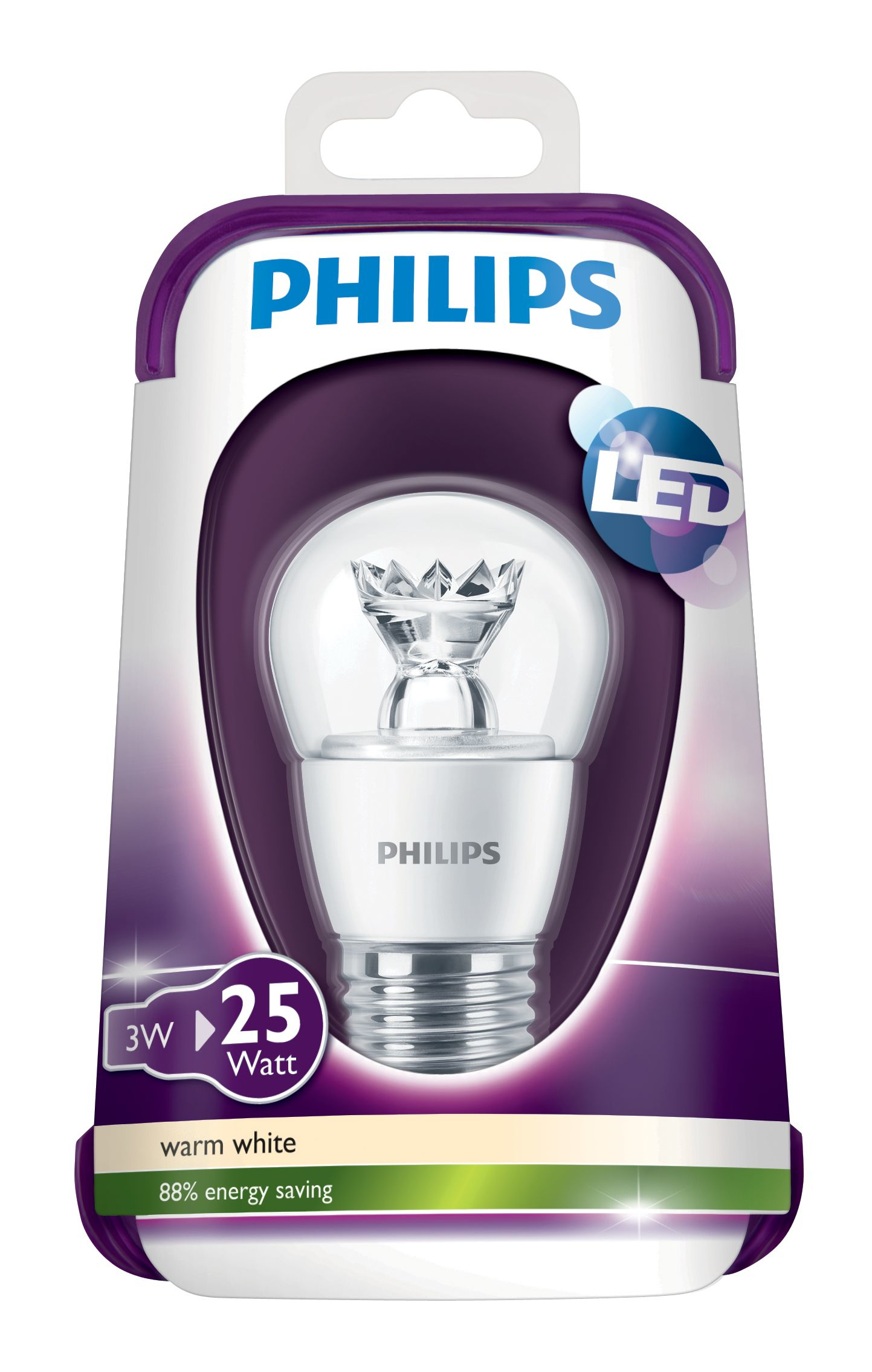 Un paquete de bombilla LED Philips. Bombilla blanca con parte superior decorativa. Embalaje morado y blanco. Texto incluye 'PHILIPS' y 'LED'.