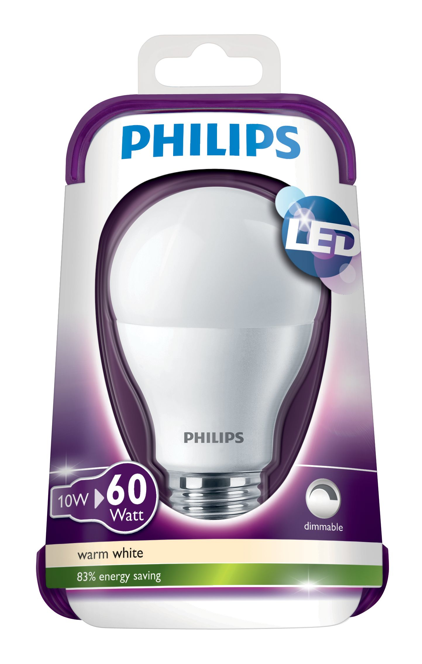Bombilla LED Philips en un paquete morado y blanco. Muestra la bombilla y detalles sobre vatios y ahorro de energía.