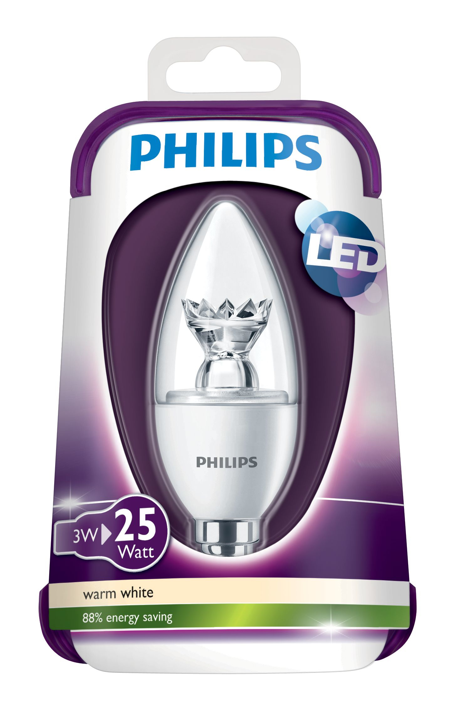 Bombilla LED Philips en un paquete, blanco cálido, 3W, equivalente a 25 vatios. Embalaje morado y blanco.