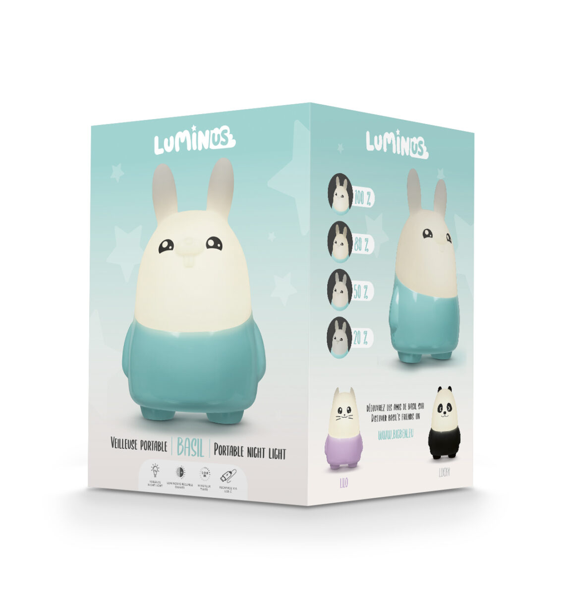 Una caja muestra una luz nocturna con forma de conejo. Es blanco y azul. Se muestran otros personajes. El texto dice 'Portable Night Light'.