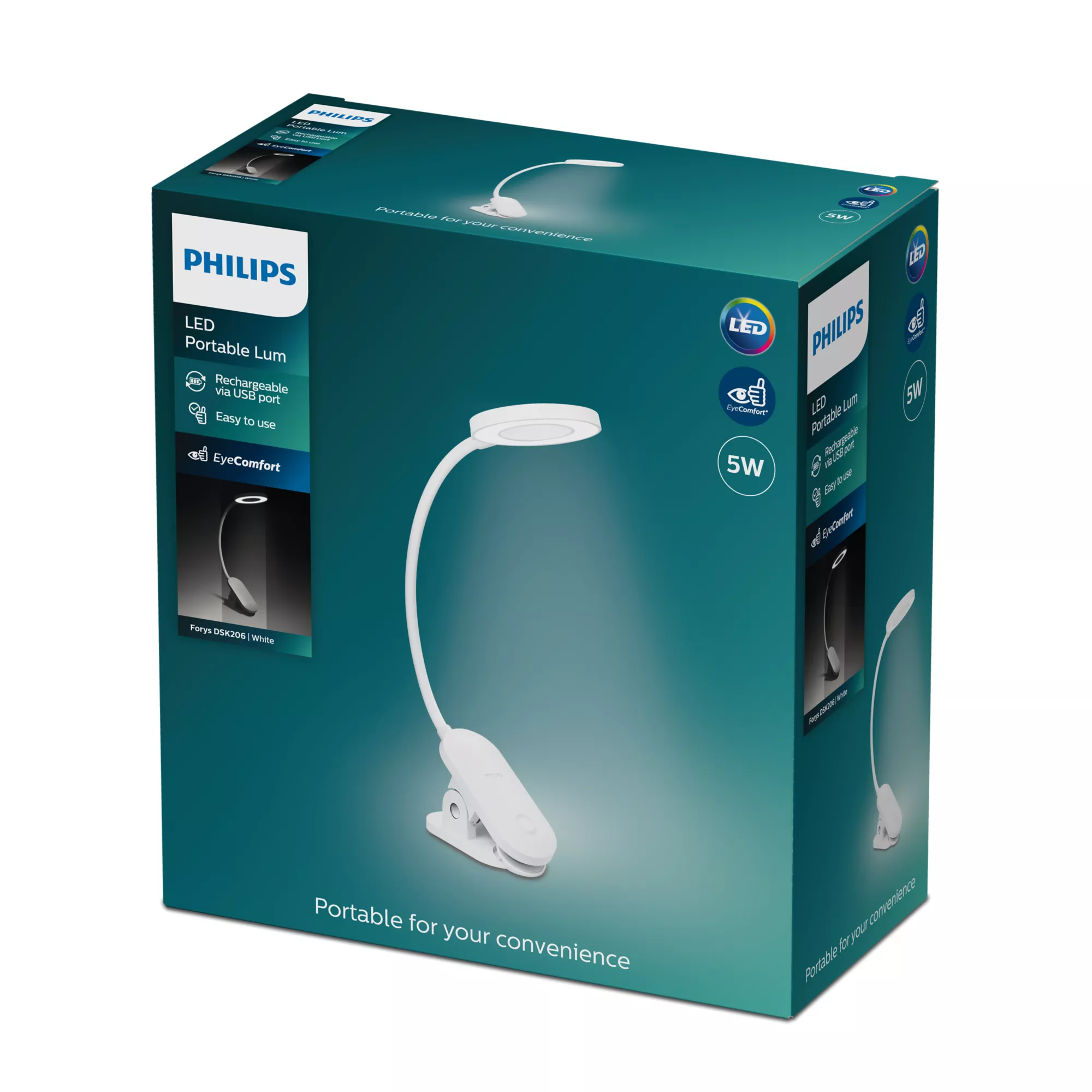 Una caja Philips con una lámpara LED portátil blanca. El texto incluye 'Portable for your convenience' y 'EyeComfort'.