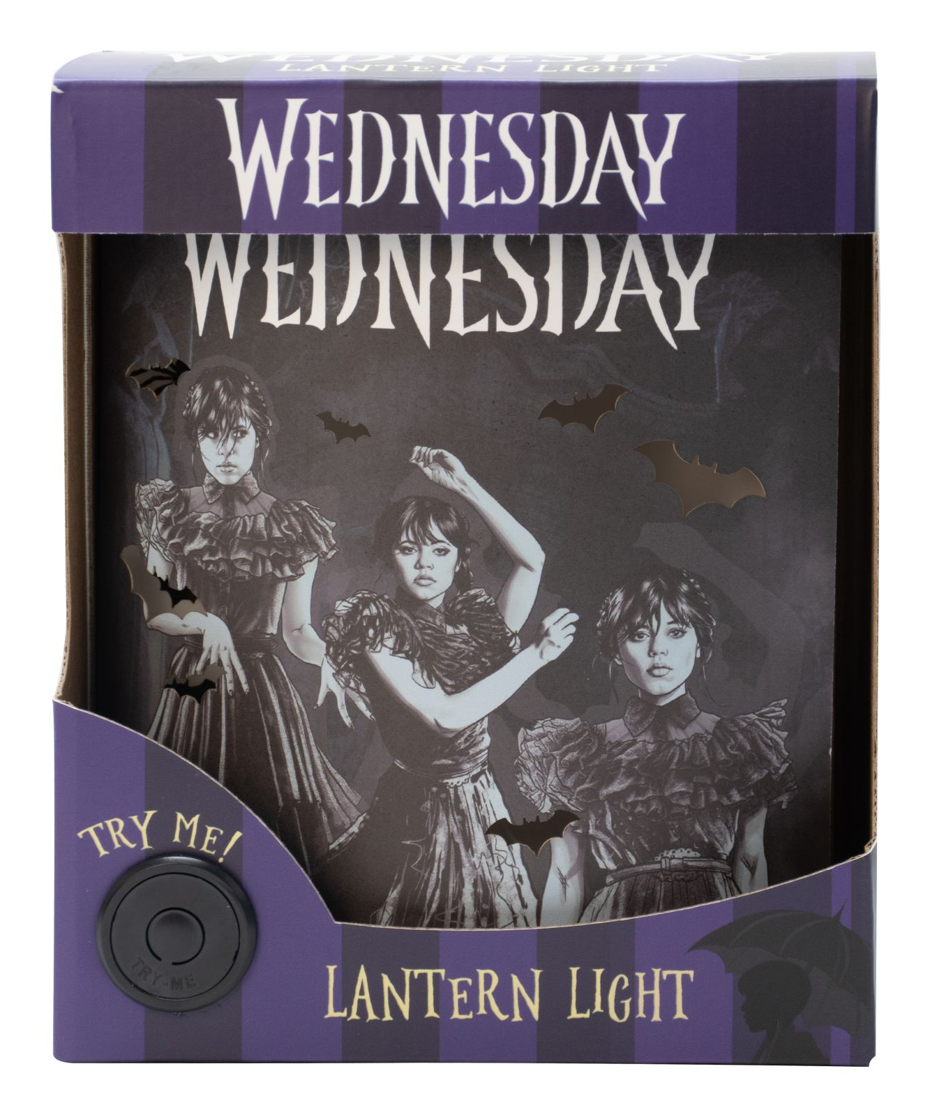 Boîte lanterne avec Mercredi Addams. Chauves-souris et titre visibles. Comprend un bouton 'essayer'.