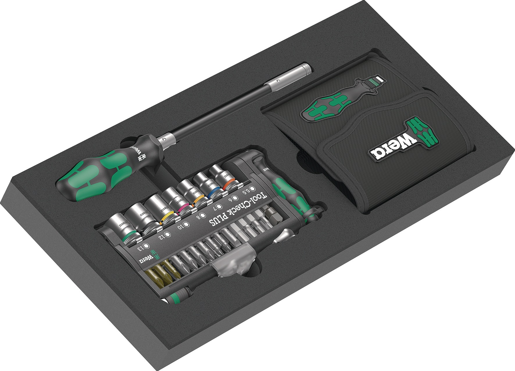 Ein Wera Tool-Check Plus Set mit Schraubendreher, Bits und Steckschlüsseln, angeordnet in einem schwarz schaumstoffgefütterten Koffer.
