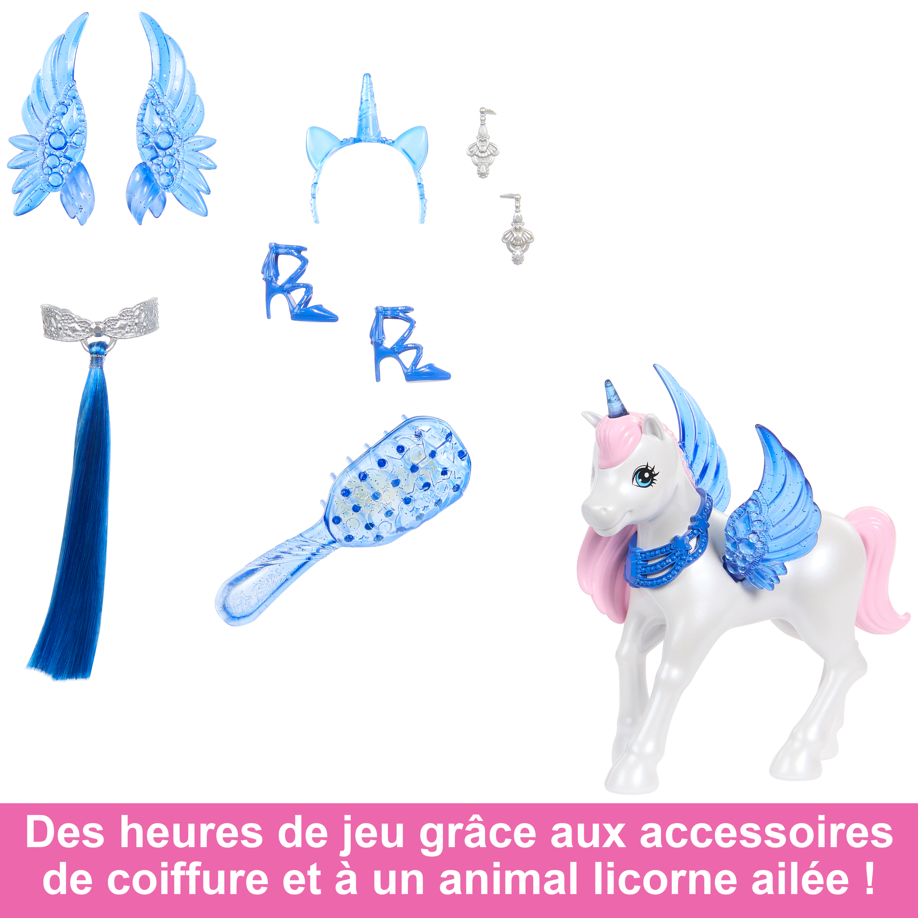Biała zabawka jednorożec z niebieskimi skrzydłami, akcesoriami takimi jak buty, włosy i grzebień. Tekst: Godziny zabawy z akcesoriami do stylizacji włosów.